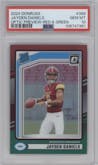 Jayden Daniels from the 2024 Donruss set featuring a Red and Green parallel graded by PSA and given an overall grade of 10.