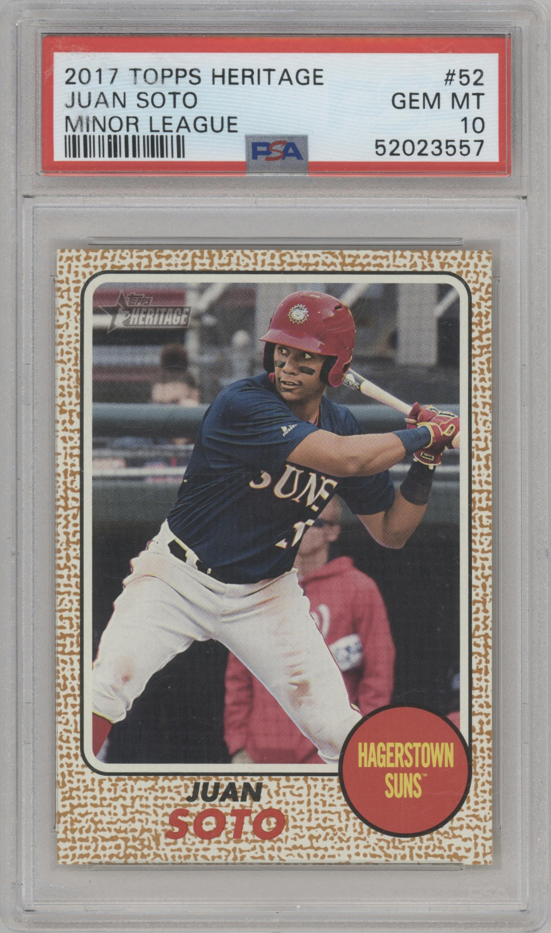 Juan Soto from the 2017 Topps Heritage Minor League set graded by PSA and given an overall grade of 10.