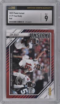 Tom Brady from the 2021 Panini Instant NFL set featuring a Red parallel graded by CSG and given an overall grade of 9.