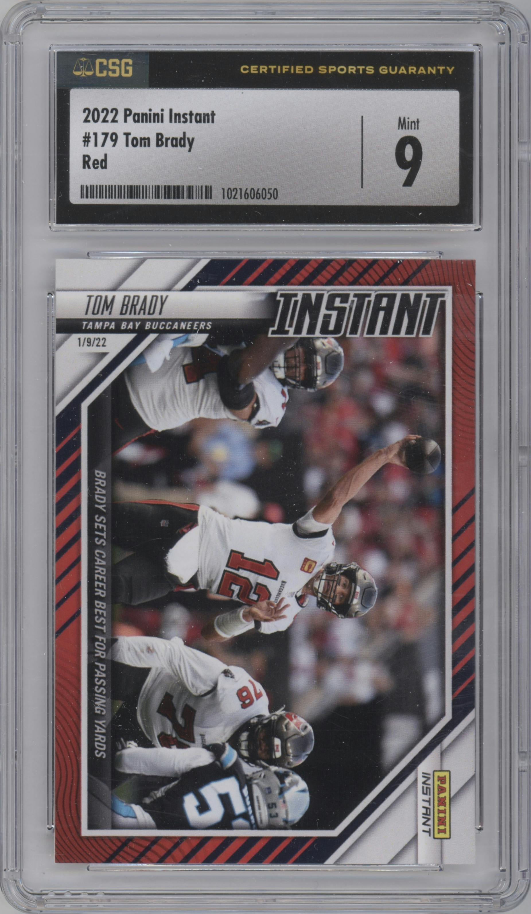 Tom Brady from the 2021 Panini Instant NFL set featuring a Red parallel graded by CSG and given an overall grade of 9.