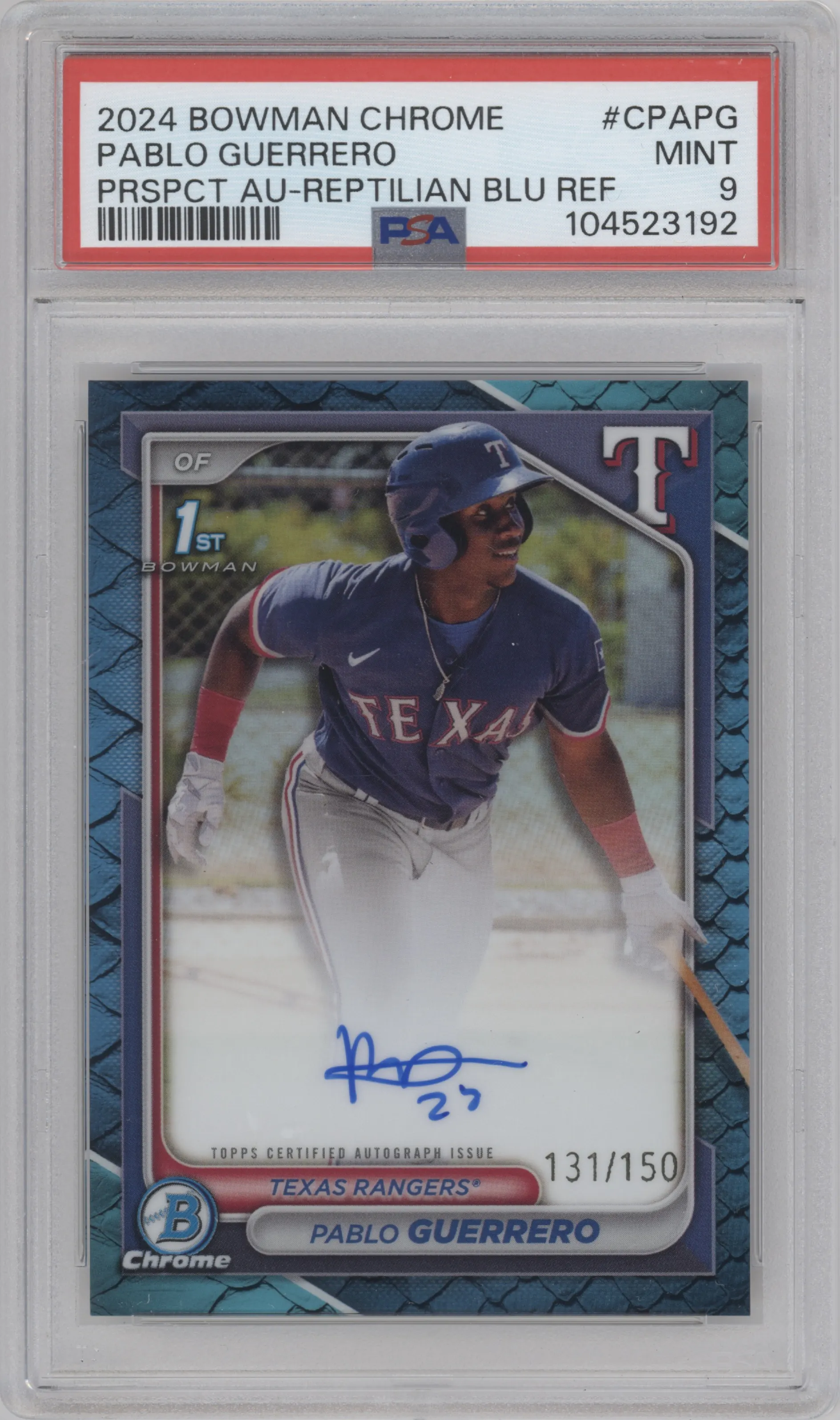 2024 Bowman Chrome Chr.Pros.Auto Pablo Guerrero Reptilian Blue Refractor PSA 9