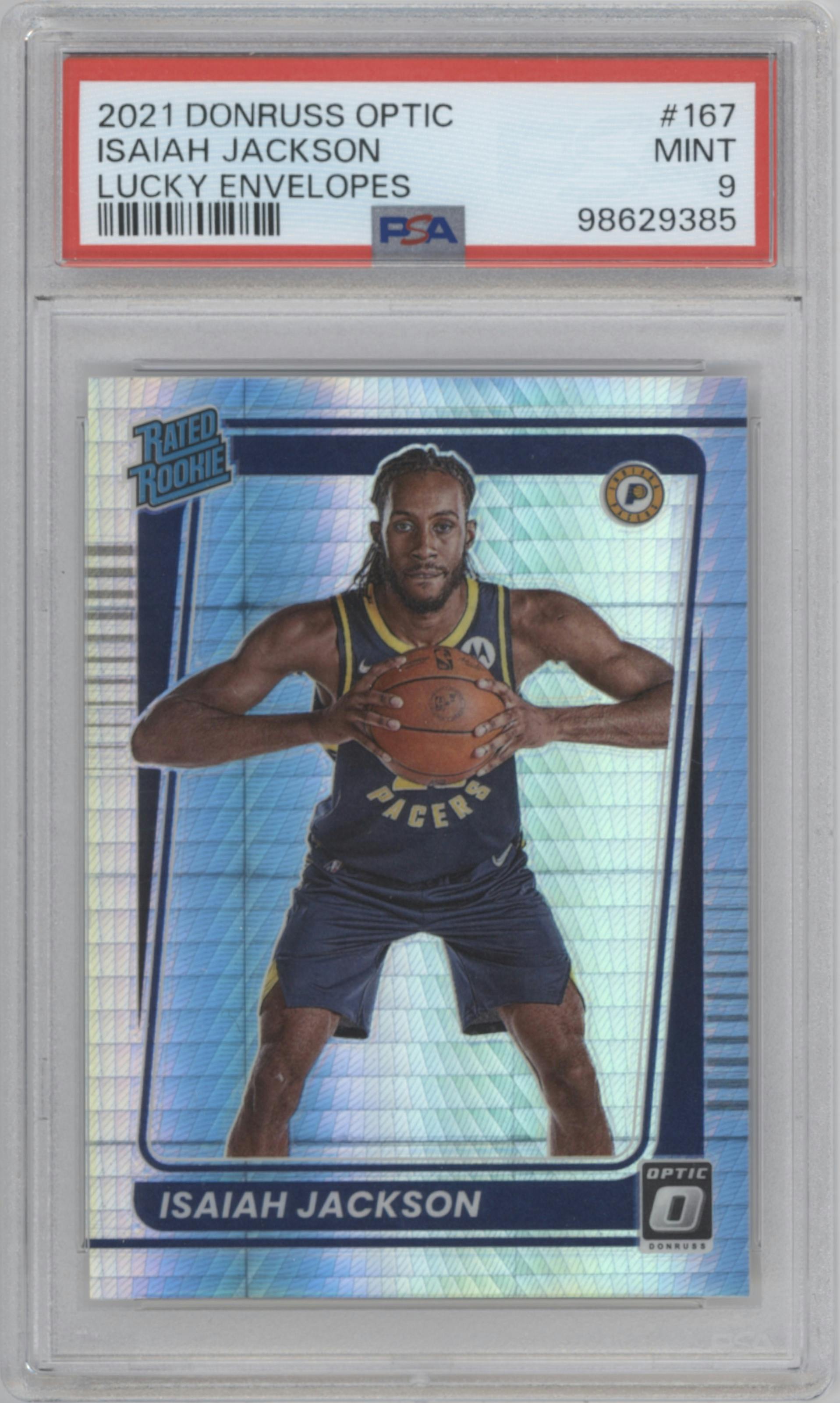 Isaiah Jackson from the 2021-22 Panini Donruss Optic set featuring a Lucky Envelopes parallel graded by PSA and given an overall grade of 9.