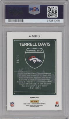 Terrell Davis from the 2022 Panini Donruss Optic set featuring a Black Pandora parallel graded by PSA and given an overall grade of 10.