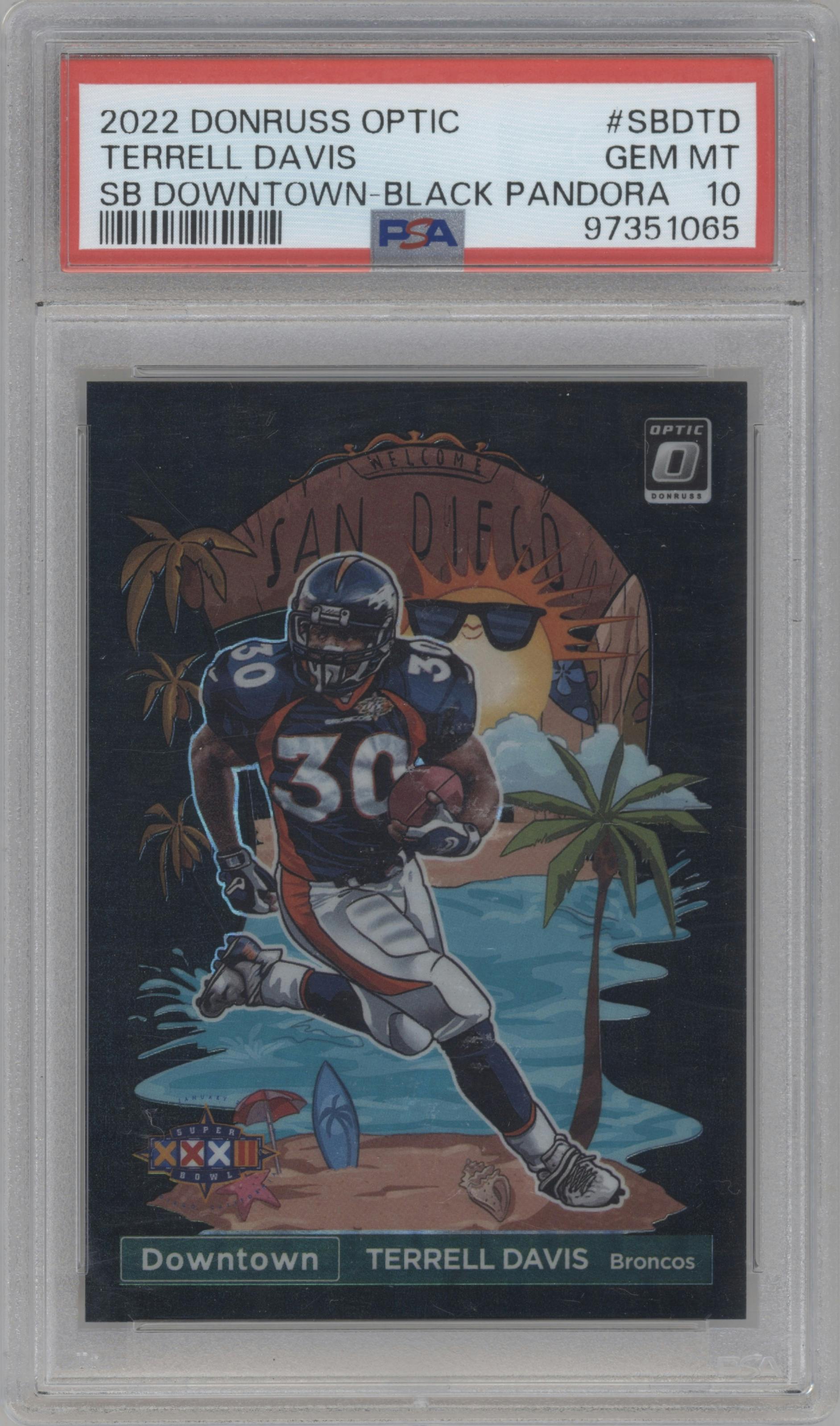 Terrell Davis from the 2022 Panini Donruss Optic set featuring a Black Pandora parallel graded by PSA and given an overall grade of 10.