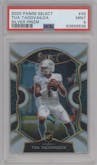 Tua Tagovailoa from the 2020 Panini Select set featuring a Silver Prizm parallel graded by PSA and given an overall grade of 9.