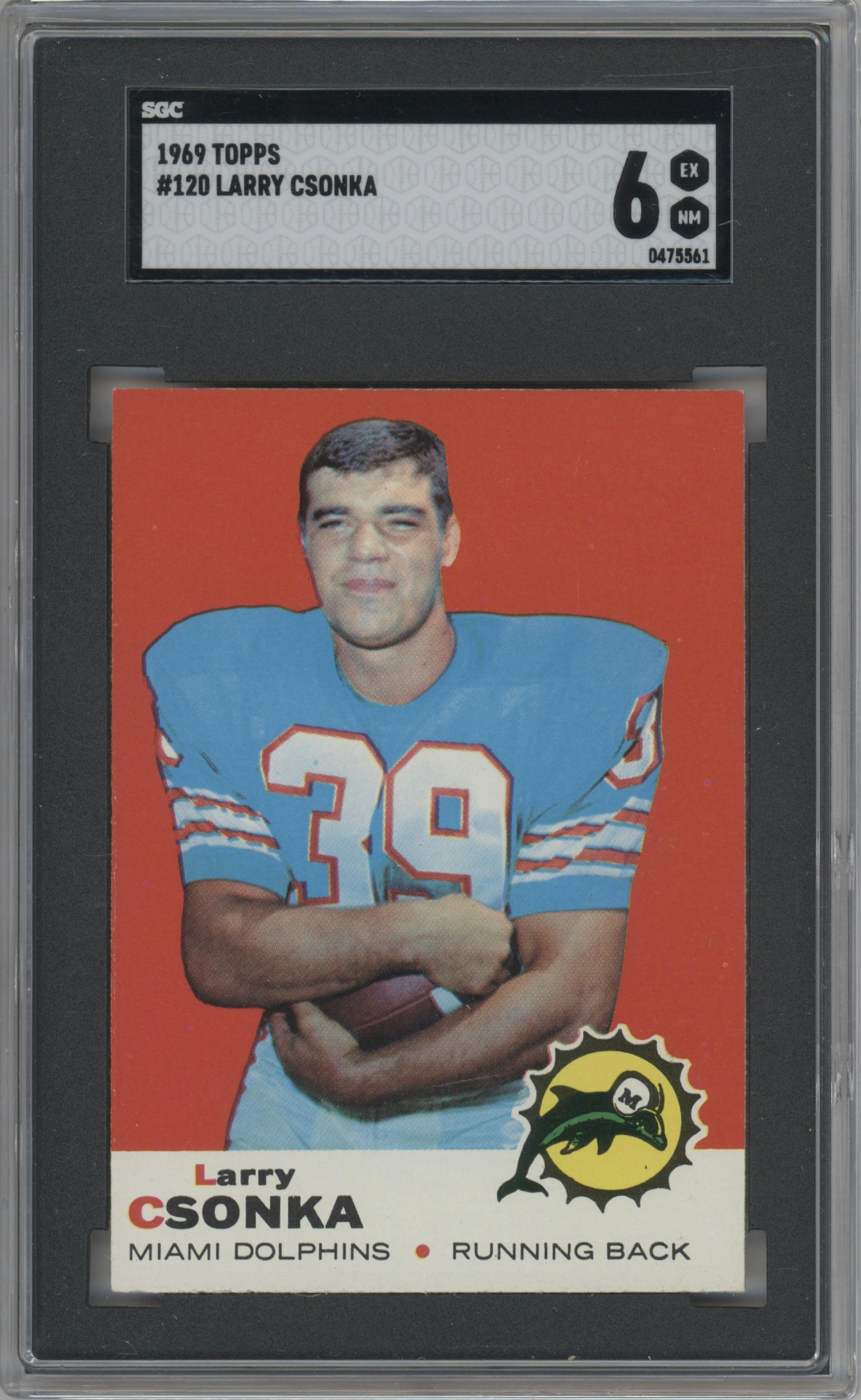 Larry Csonka from the 1969 Topps set graded by SGC and given an overall grade of 6.