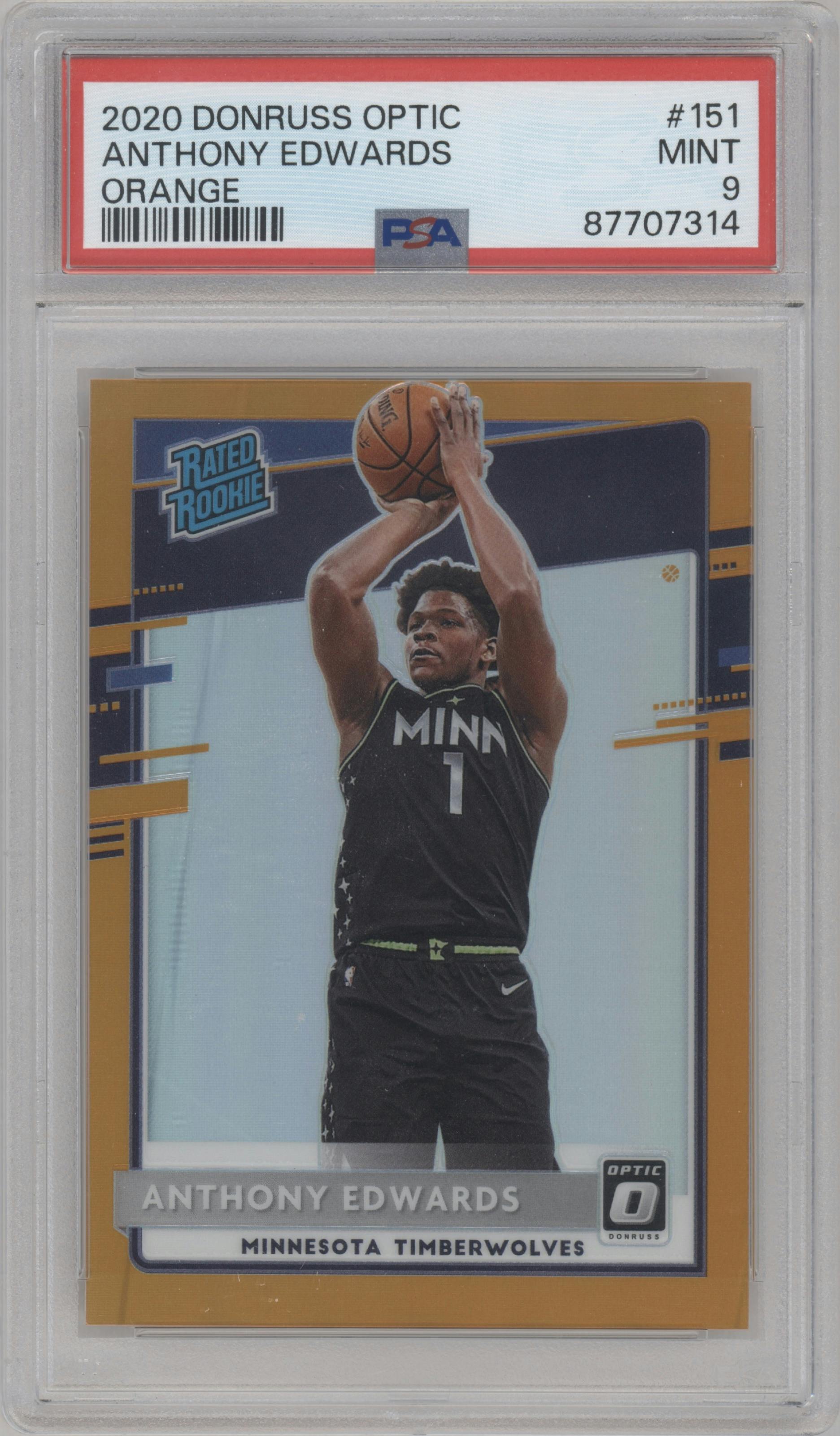 Anthony Edwards from the 2020-21 Panini Donruss Optic set featuring a Orange parallel graded by PSA and given an overall grade of 9.
