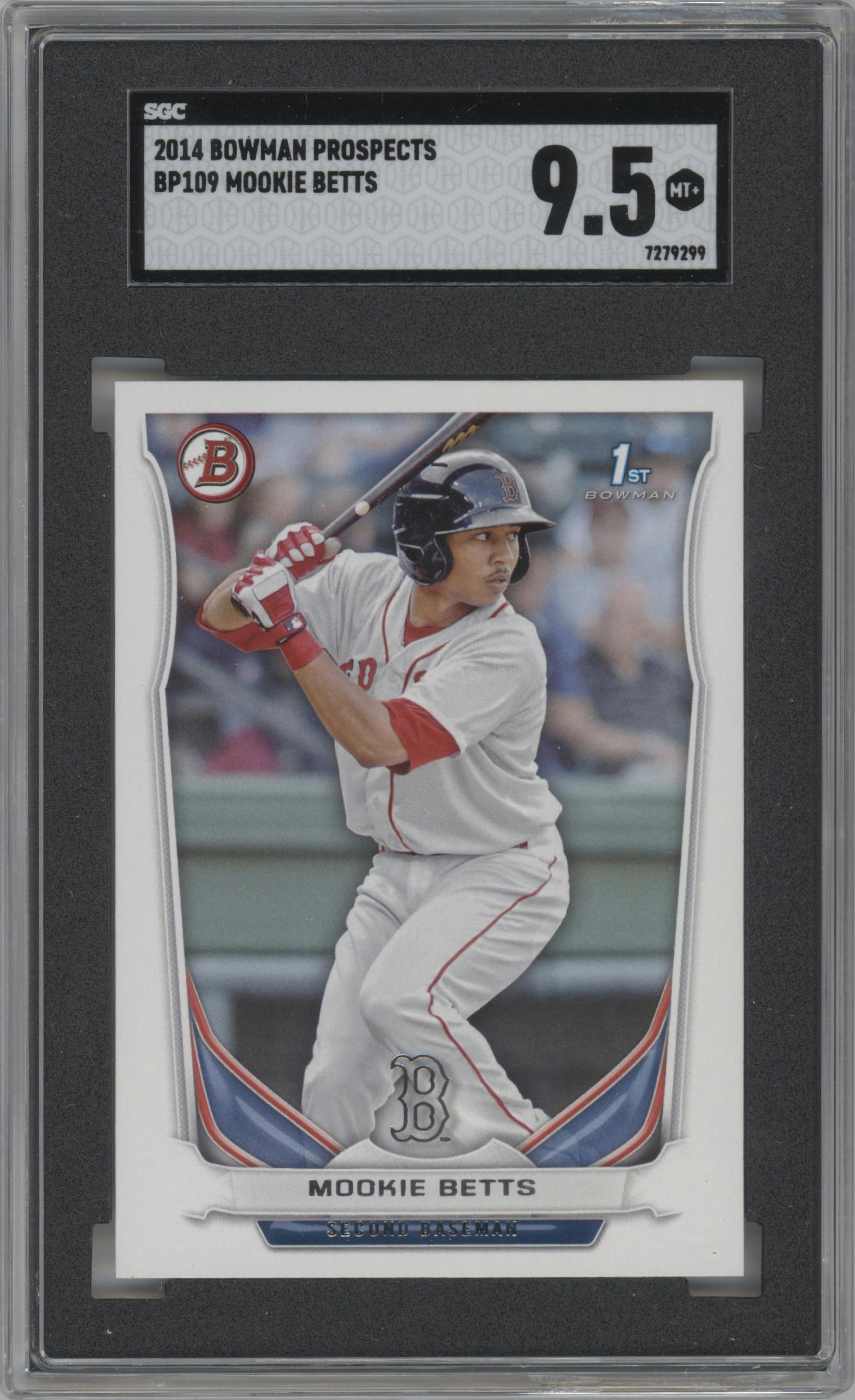Mookie Betts from the 2014 Bowman set graded by SGC and given an overall grade of 9.5.