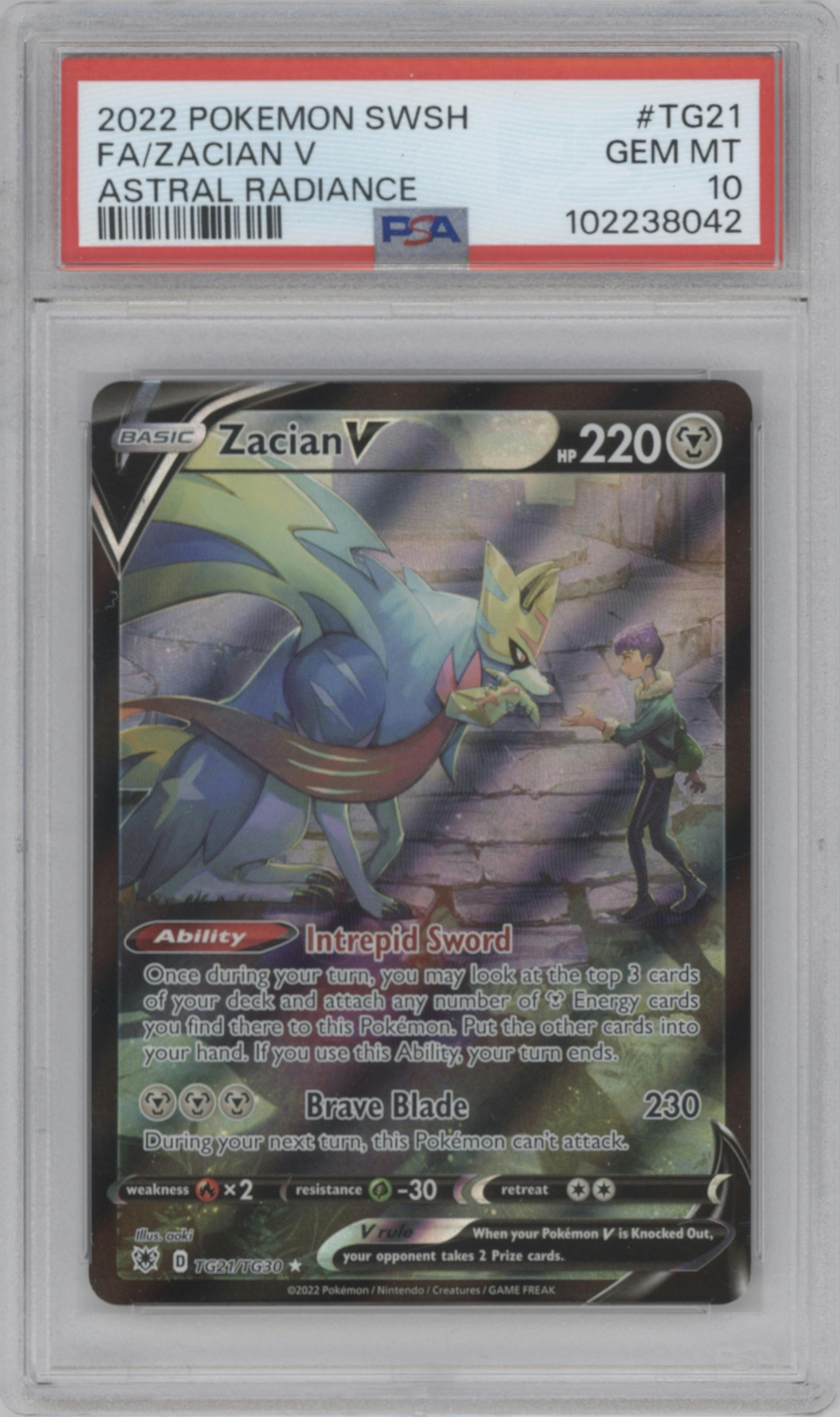 Zacian V from the 2022 Pokemon SWSH set graded by PSA and given an overall grade of 10.