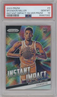 Brandon Miller from the 2023-24 Panini Prizm set featuring a Silver Prizm parallel graded by PSA and given an overall grade of 10.