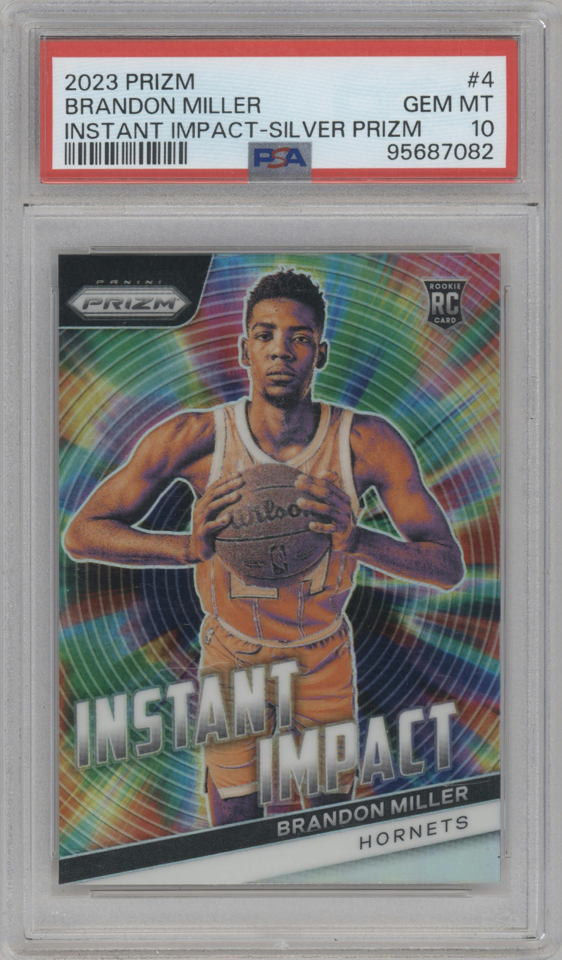 Brandon Miller from the 2023-24 Panini Prizm set featuring a Silver Prizm parallel graded by PSA and given an overall grade of 10.