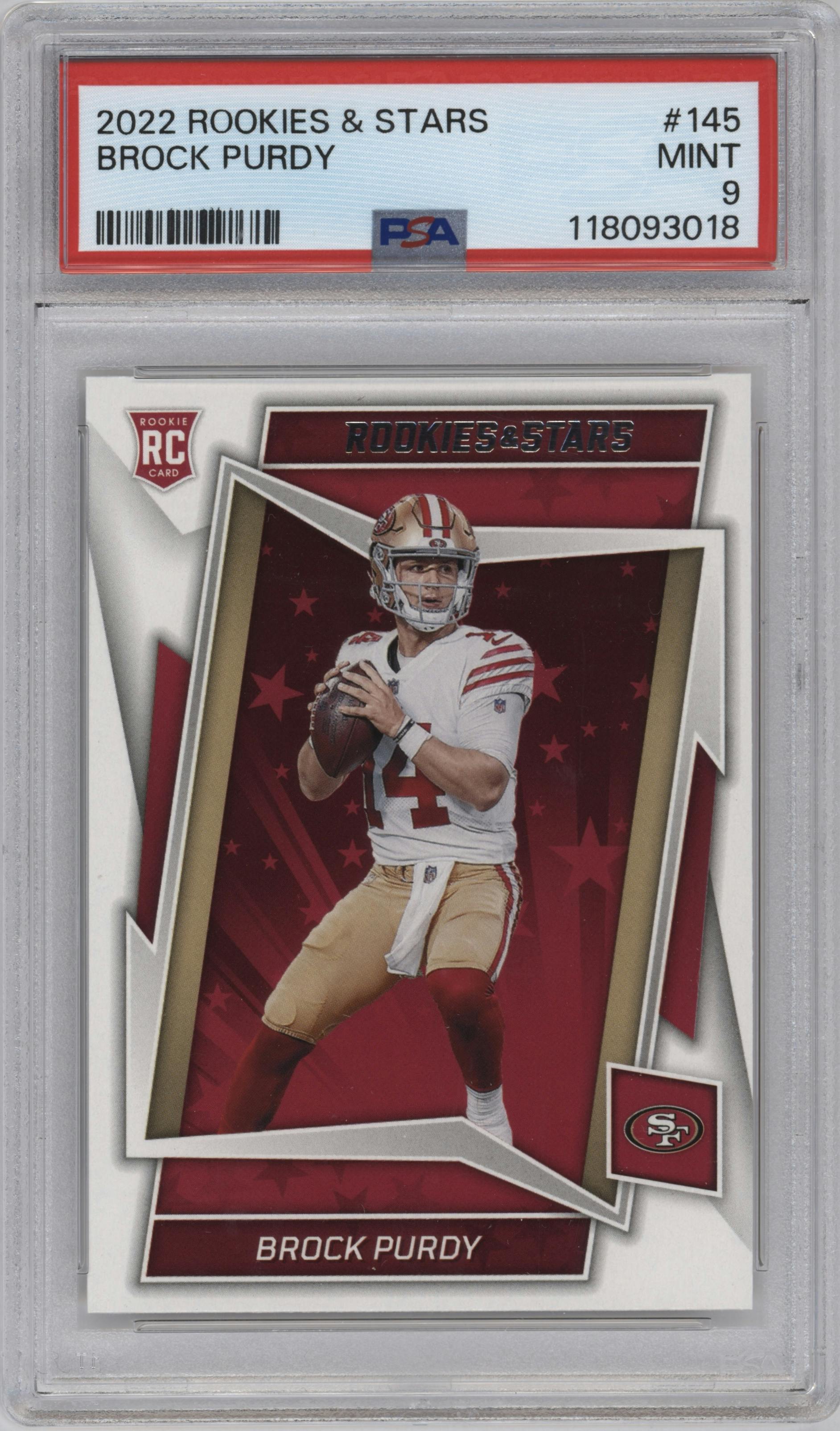 Brock Purdy from the 2022 Panini Rookies & Stars set graded by PSA and given an overall grade of 9.