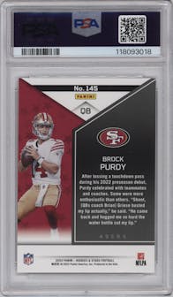 Brock Purdy from the 2022 Panini Rookies & Stars set graded by PSA and given an overall grade of 9.