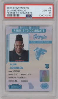 Bijan Robinson from the 2023 Panini Contenders set graded by PSA and given an overall grade of 10.
