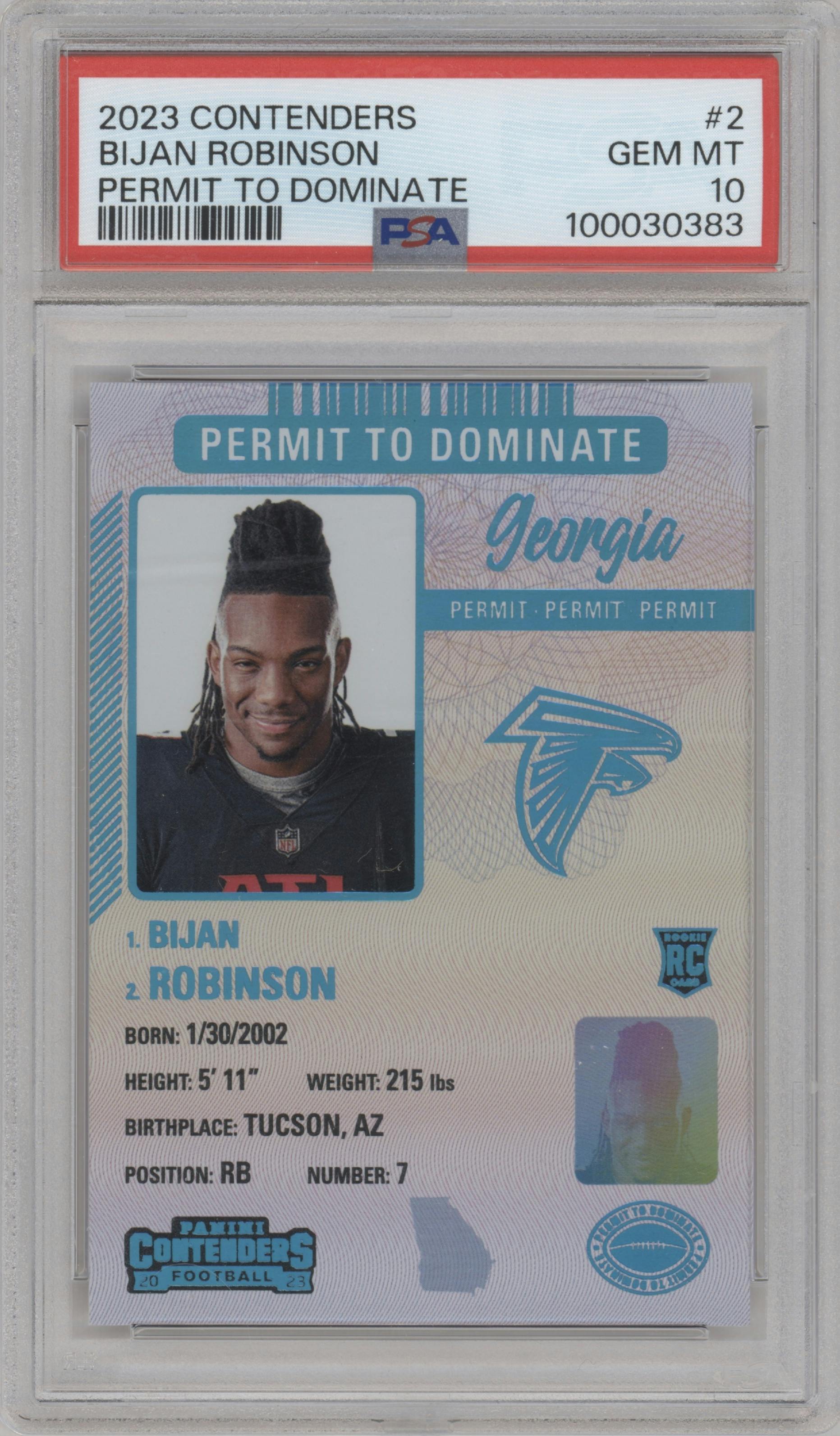 Bijan Robinson from the 2023 Panini Contenders set graded by PSA and given an overall grade of 10.