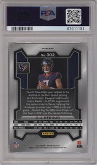 C.J. Stroud from the 2023 Panini Prizm set featuring a No Huddle parallel graded by PSA and given an overall grade of 10.
