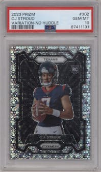 C.J. Stroud from the 2023 Panini Prizm set featuring a No Huddle parallel graded by PSA and given an overall grade of 10.