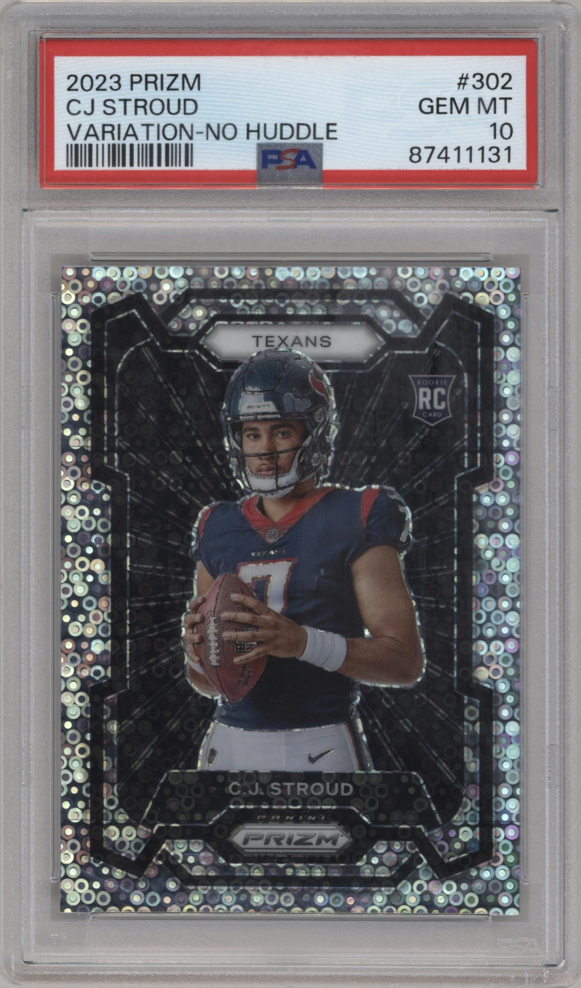 C.J. Stroud from the 2023 Panini Prizm set featuring a No Huddle parallel graded by PSA and given an overall grade of 10.