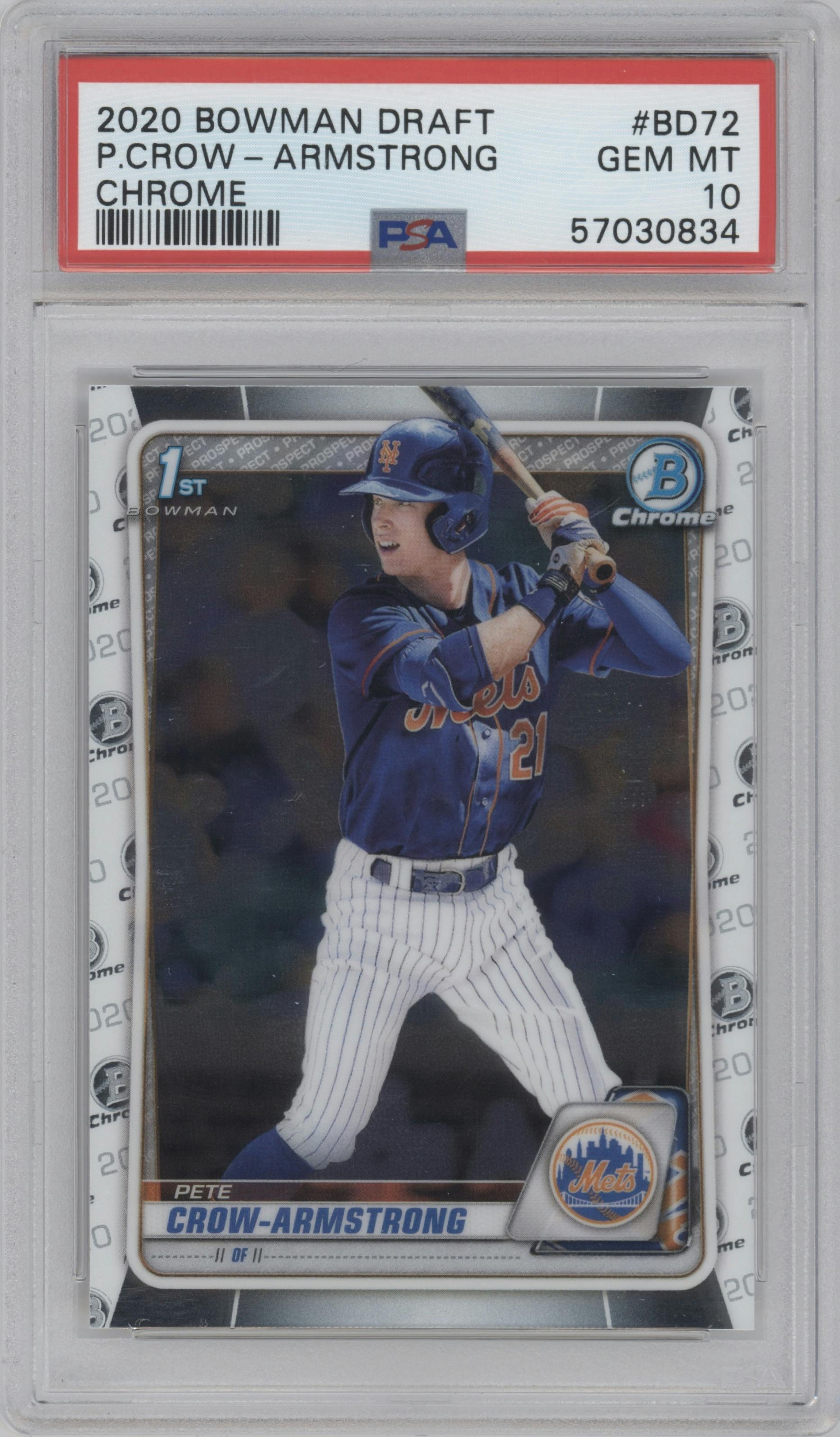 Pete Crow-Armstrong from the 2020 Bowman Draft set graded by PSA and given an overall grade of 10.