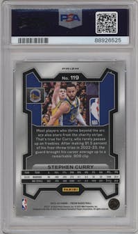 Stephen Curry from the 2023-24 Panini Prizm set featuring a  Pulsar parallel graded by PSA and given an overall grade of 10.