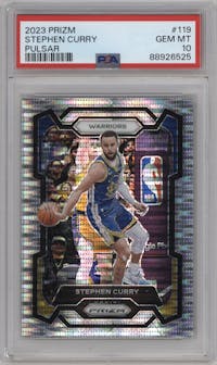 Stephen Curry from the 2023-24 Panini Prizm set featuring a  Pulsar parallel graded by PSA and given an overall grade of 10.