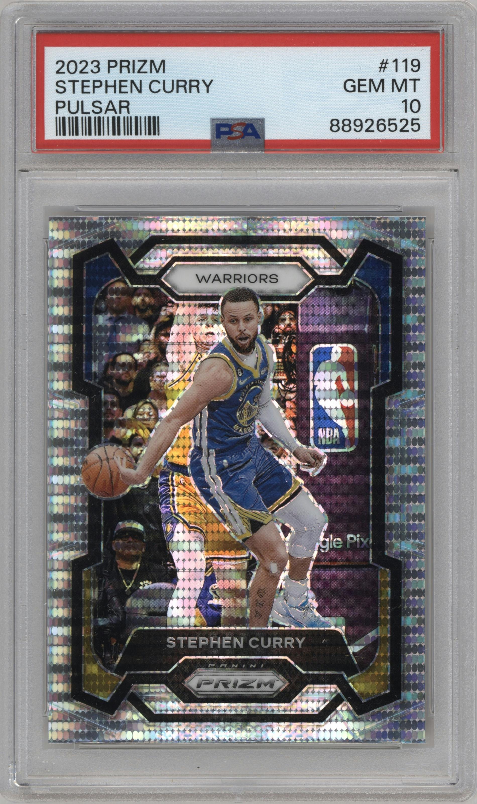 Stephen Curry from the 2023-24 Panini Prizm set featuring a  Pulsar parallel graded by PSA and given an overall grade of 10.