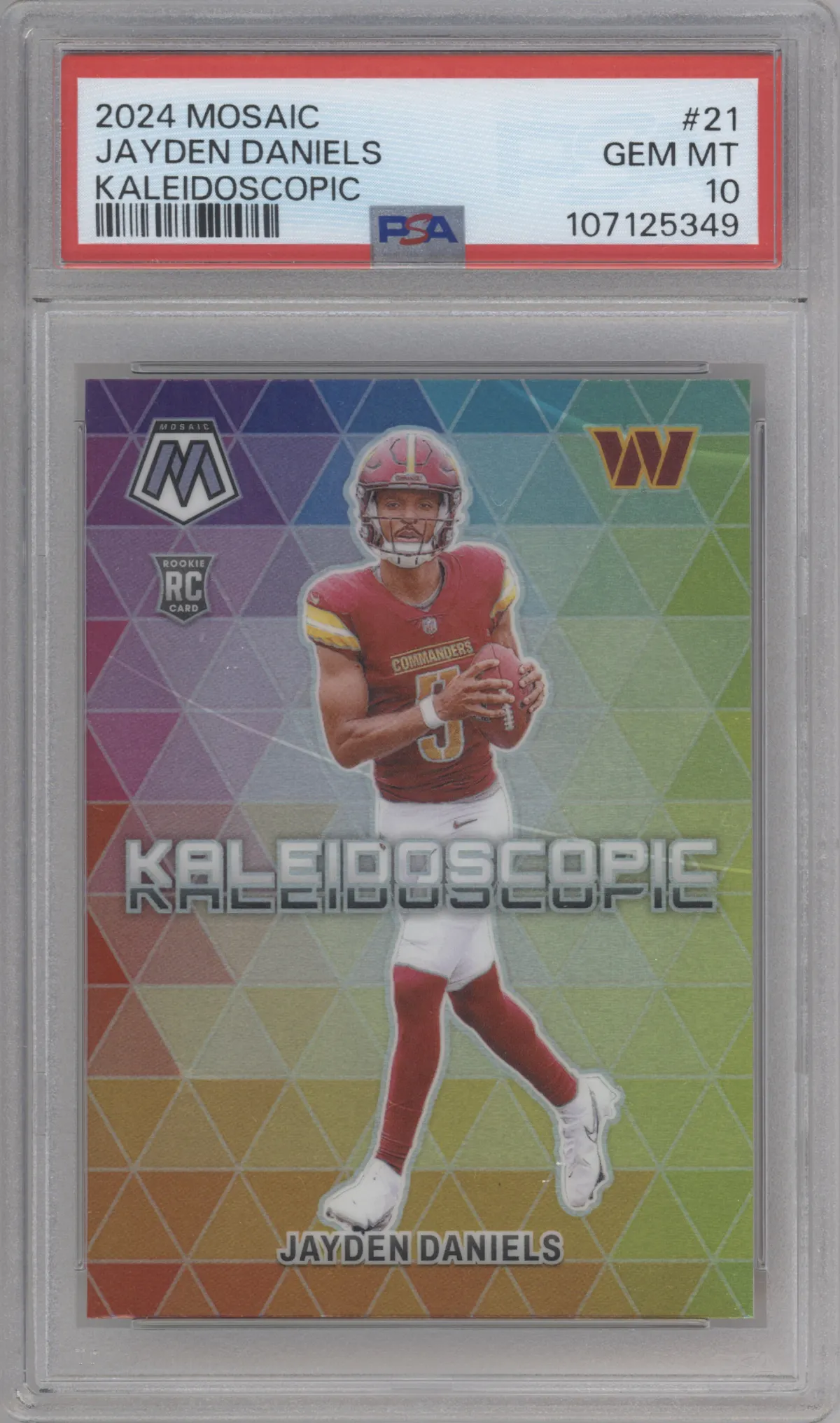 Jayden Daniels from the 2024 Panini Mosaic set graded by PSA and given an overall grade of 10.