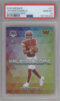 Jayden Daniels from the 2024 Panini Mosaic set graded by PSA and given an overall grade of 10.