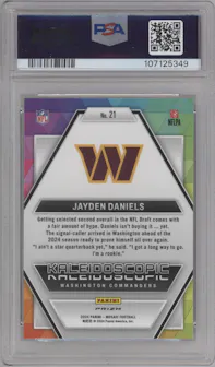 Jayden Daniels from the 2024 Panini Mosaic set graded by PSA and given an overall grade of 10.