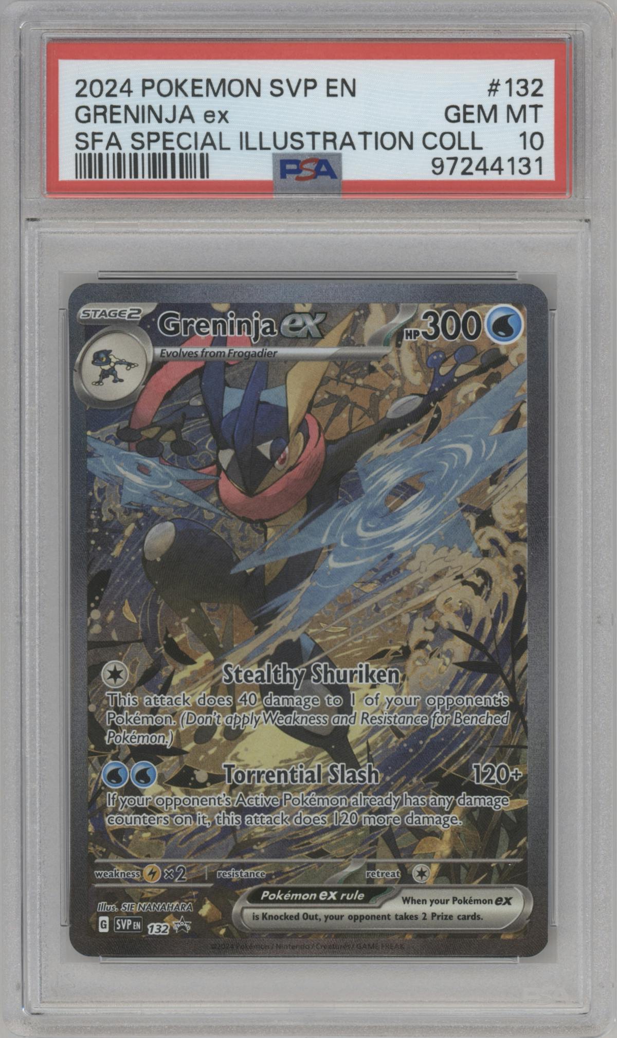 Greninja ex from the 2024 Pokemon SV set featuring a Shrouded Fable Greninja ex Special Illustration Collection parallel graded by PSA and given an overall grade of 10.