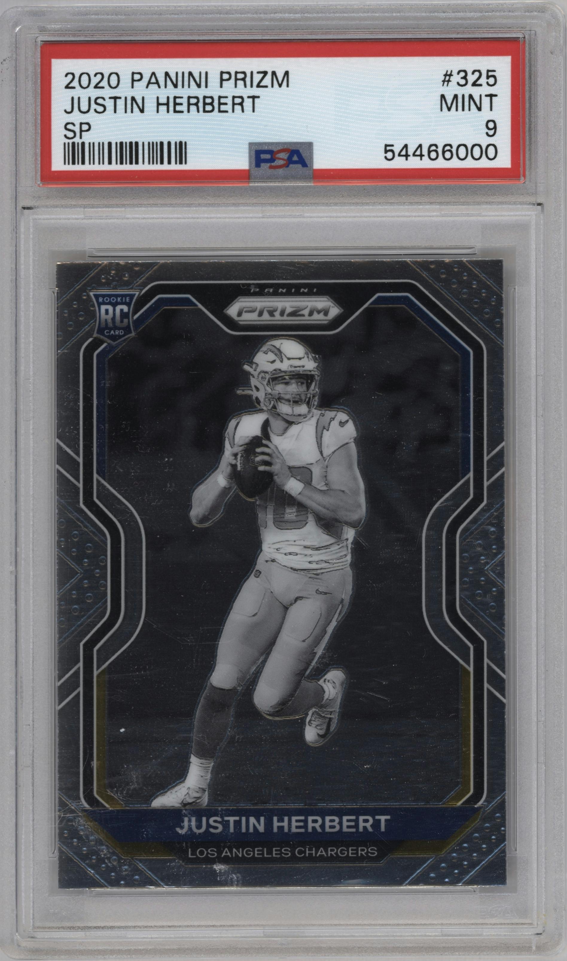 Justin Herbert from the 2020 Panini Prizm set graded by PSA and given an overall grade of 9.