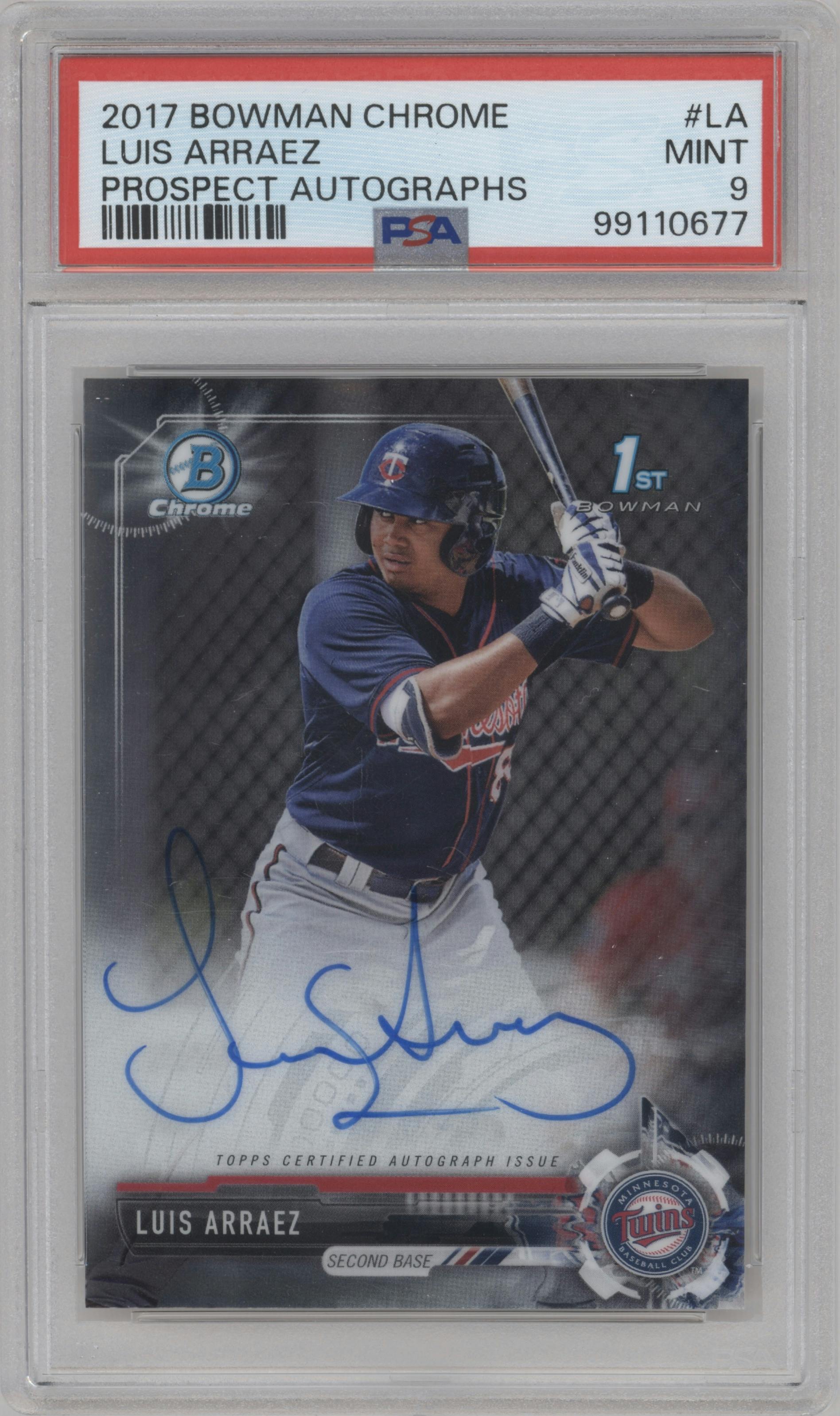 Luis Arraez from the 2017 Bowman Chrome set graded by PSA and given an overall grade of 9.
