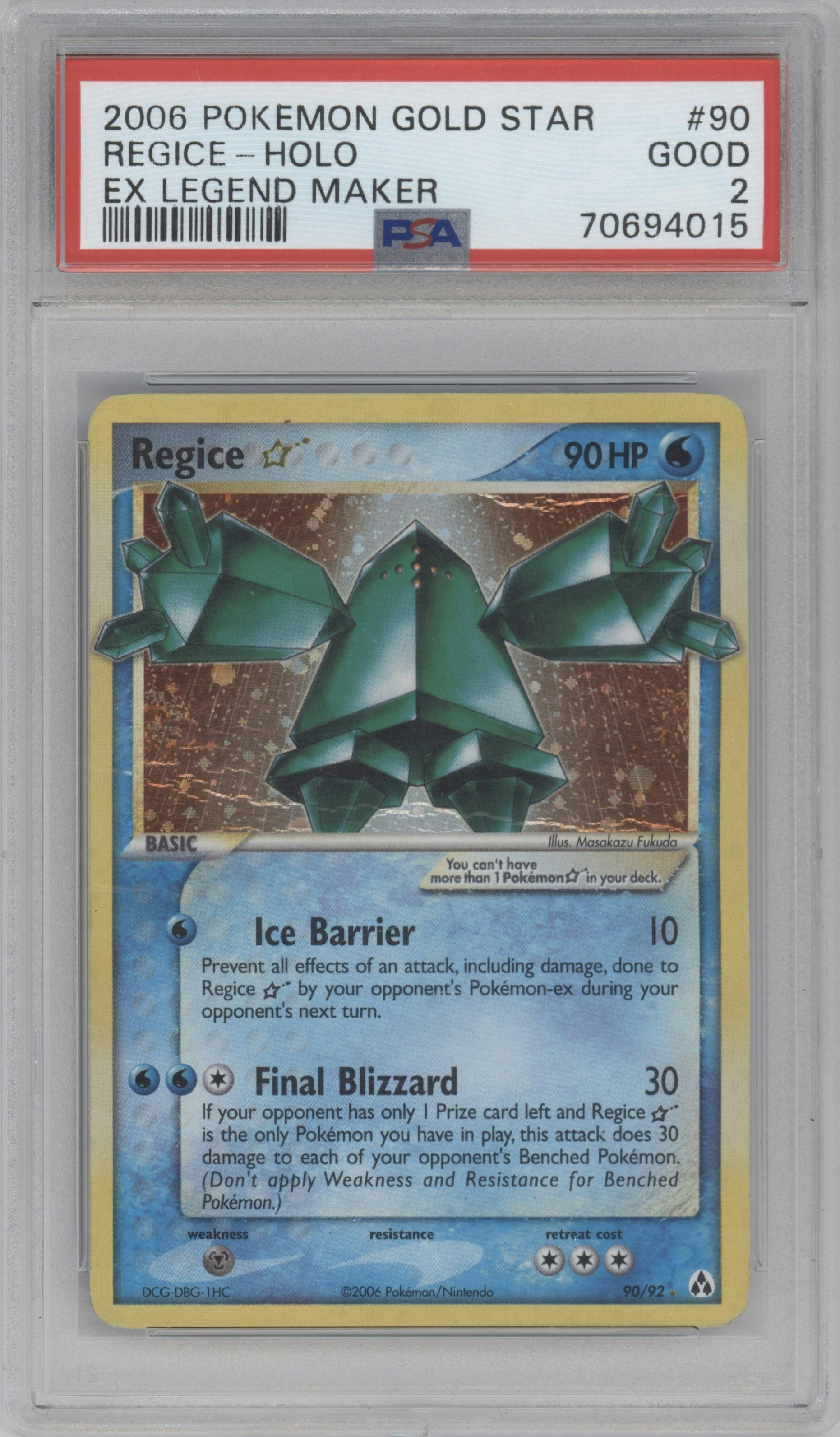 Regice Gold Star from the 2006 Pokemon EX set graded by PSA and given an overall grade of 2.