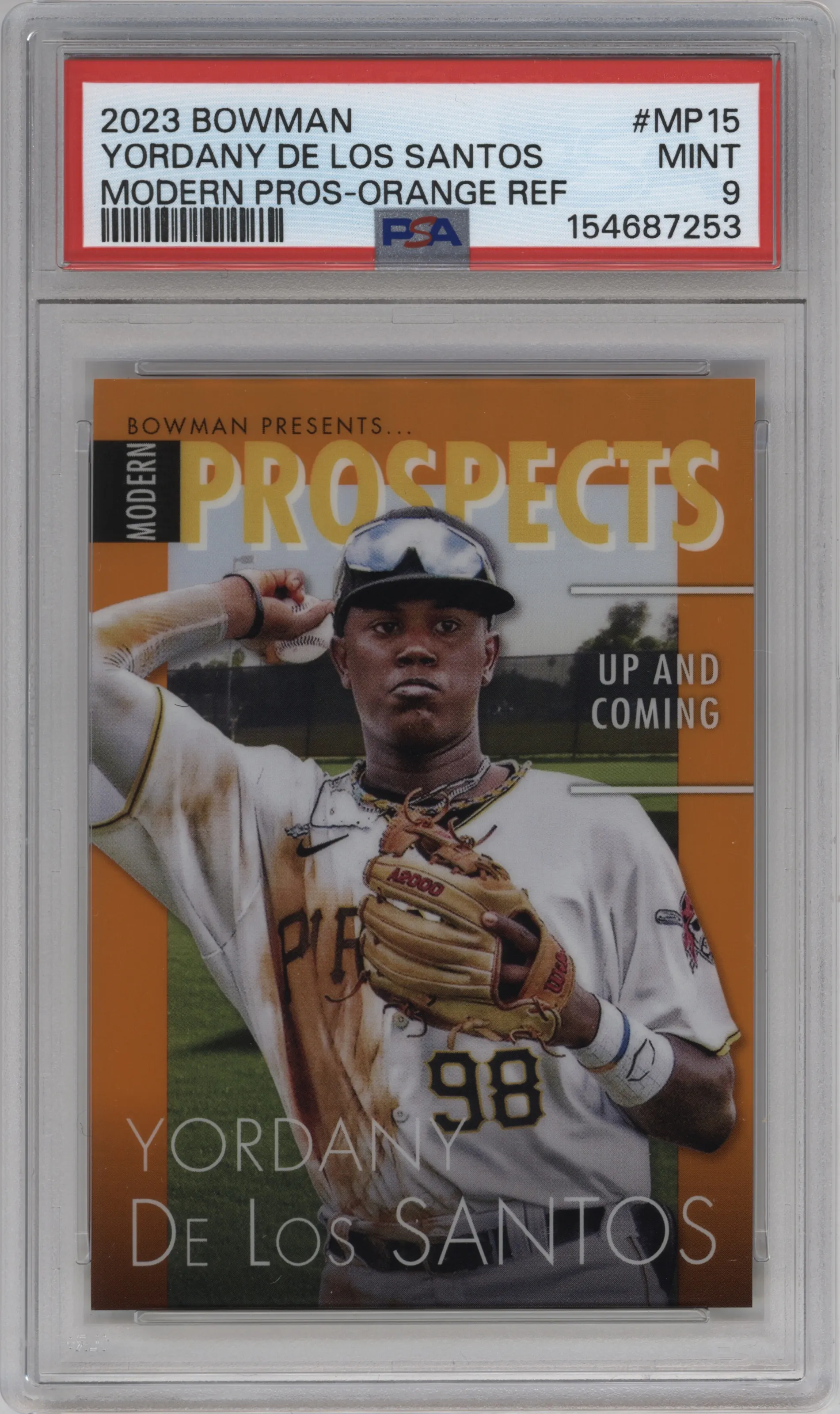 2023 Bowman Modern Prospects Yordany De Los Santos Orange Refractor #MP-15 PSA 9
