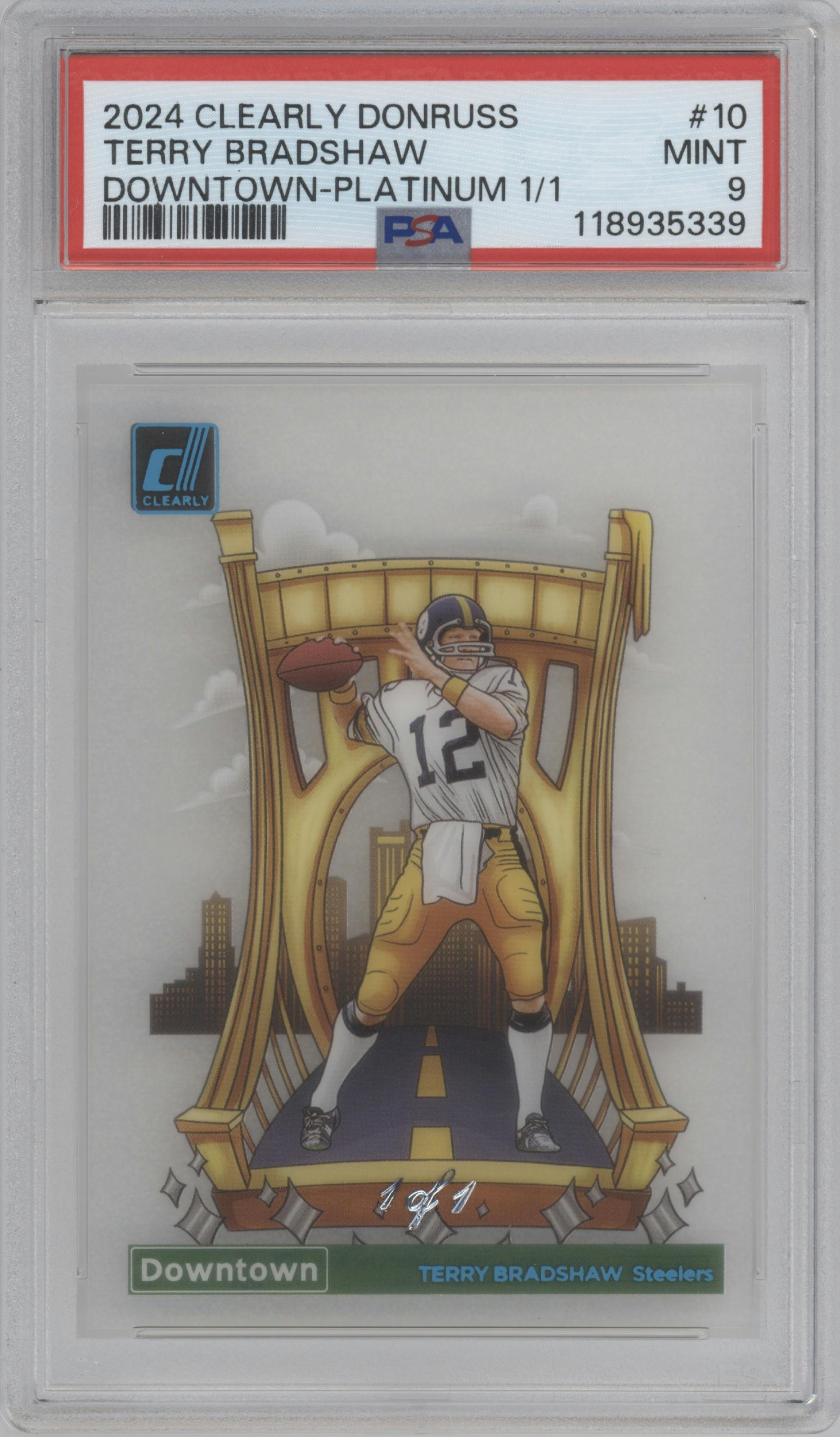 Terry Bradshaw	 from the 2024 Clearly Donruss set featuring a Platinum parallel graded by PSA and given an overall grade of 9.