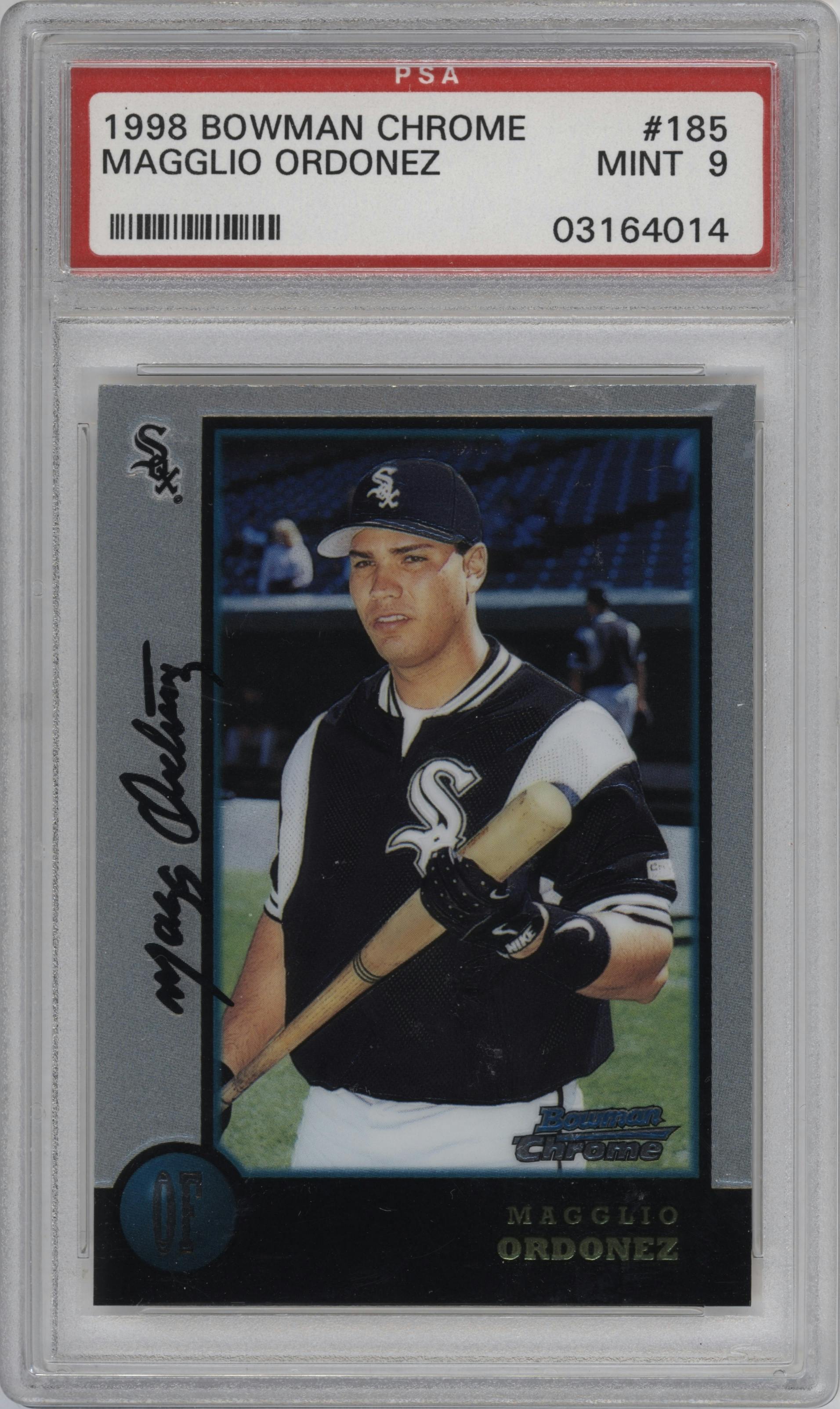 Magglio Ordonez  from the 1998 Bowman Chrome set graded by PSA and given an overall grade of 9.
