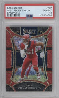 Will Anderson Jr.  from the 2023 Panini Select set featuring a Red Prizm parallel graded by PSA and given an overall grade of 10.