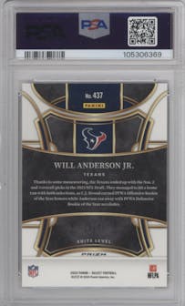 Will Anderson Jr.  from the 2023 Panini Select set featuring a Red Prizm parallel graded by PSA and given an overall grade of 10.