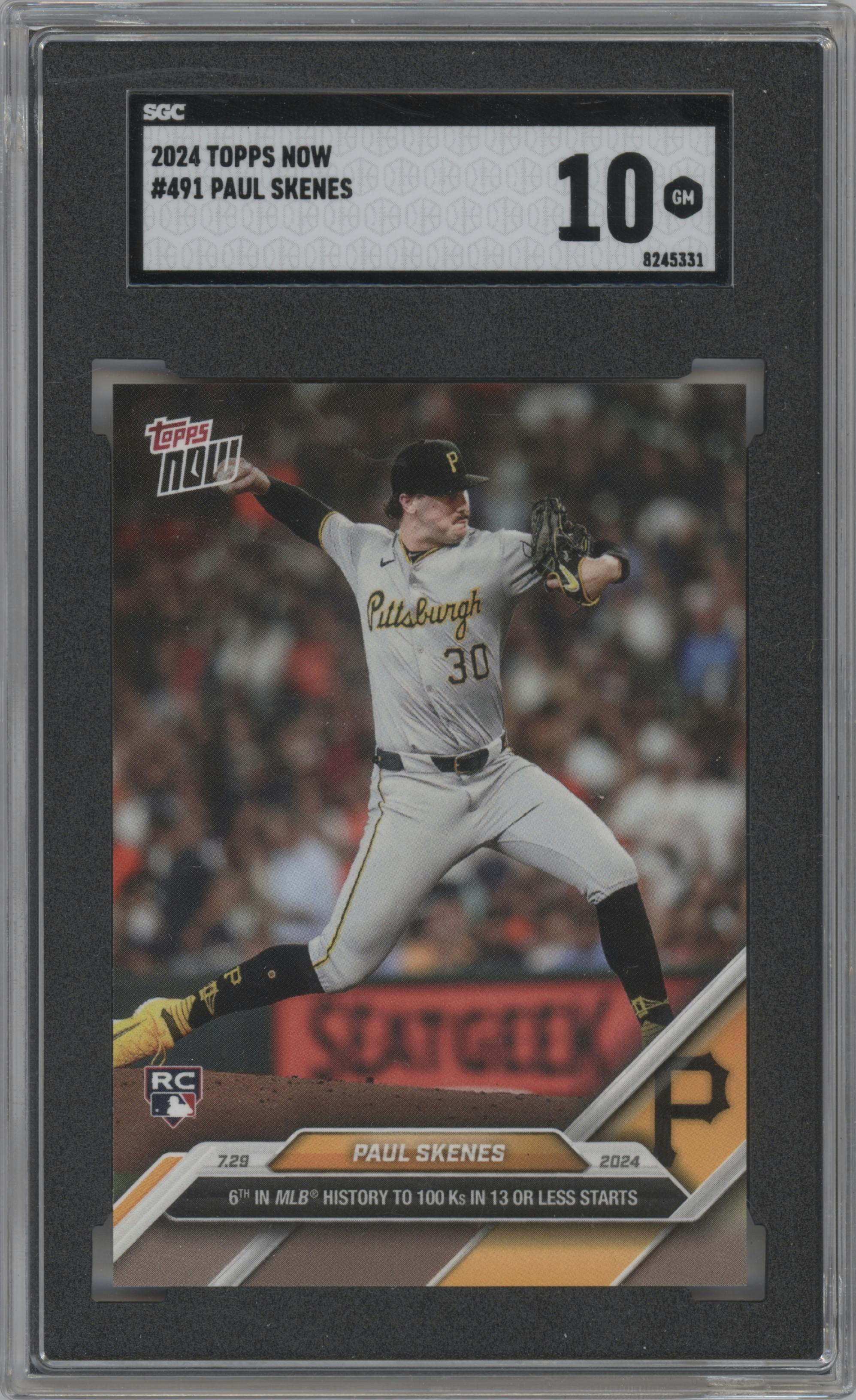 Paul Skenes from the 2024 Topps Now set graded by SGC and given an overall grade of 10.