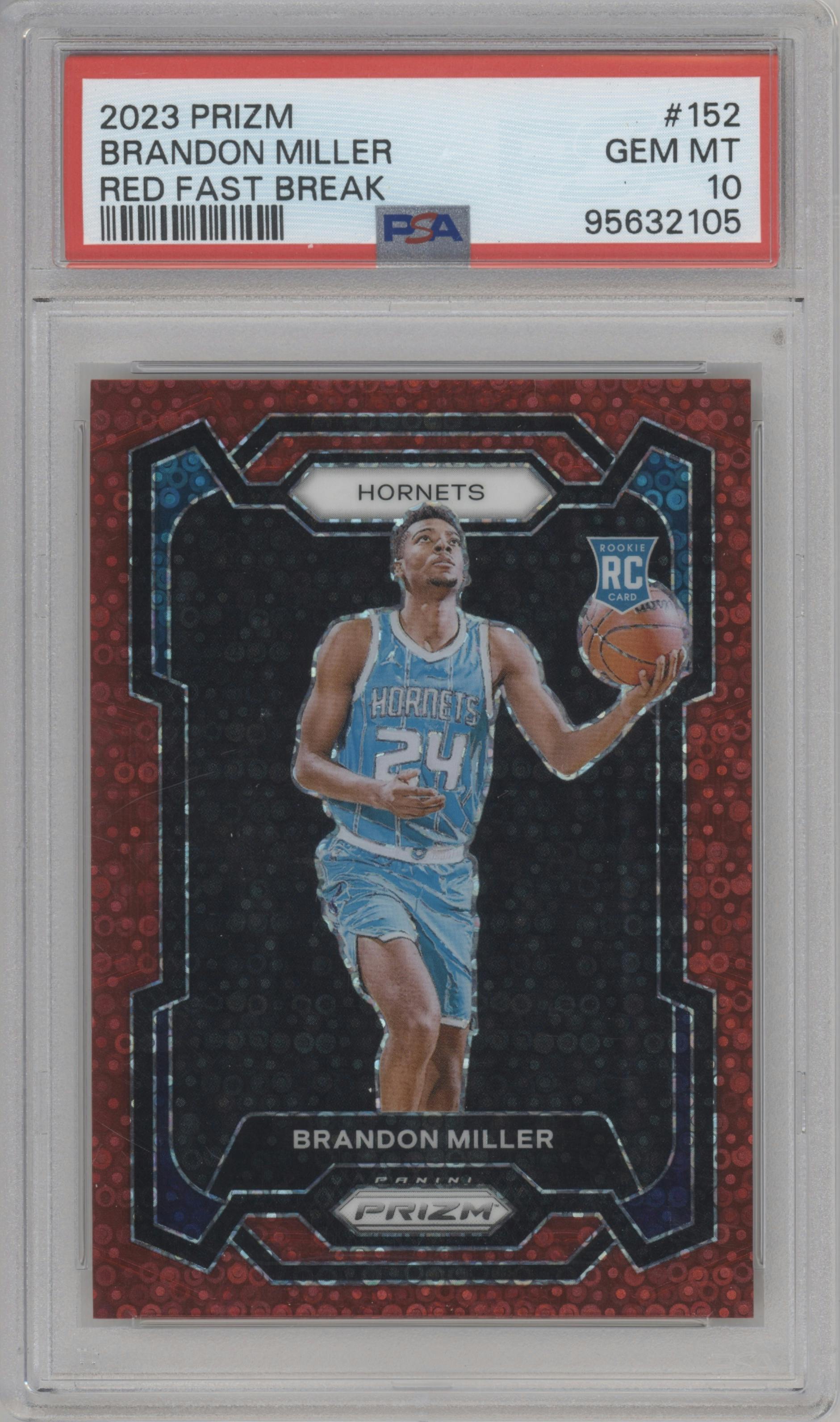 Brandon Miller from the 2023-24 Panini Prizm set featuring a Fast Break Red parallel graded by PSA and given an overall grade of 10.