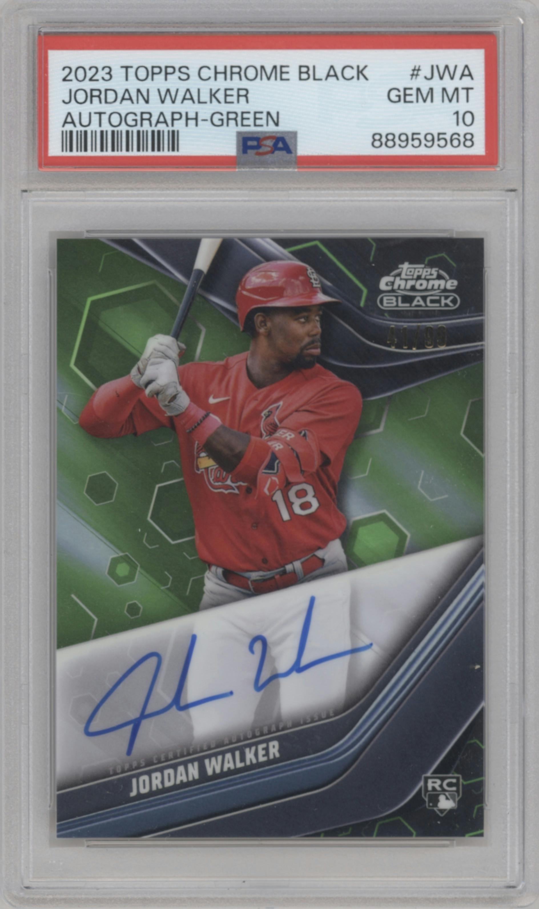 Jordan Walker from the 2023 Topps Chrome Black set featuring a Green Refractor parallel graded by PSA and given an overall grade of 10.