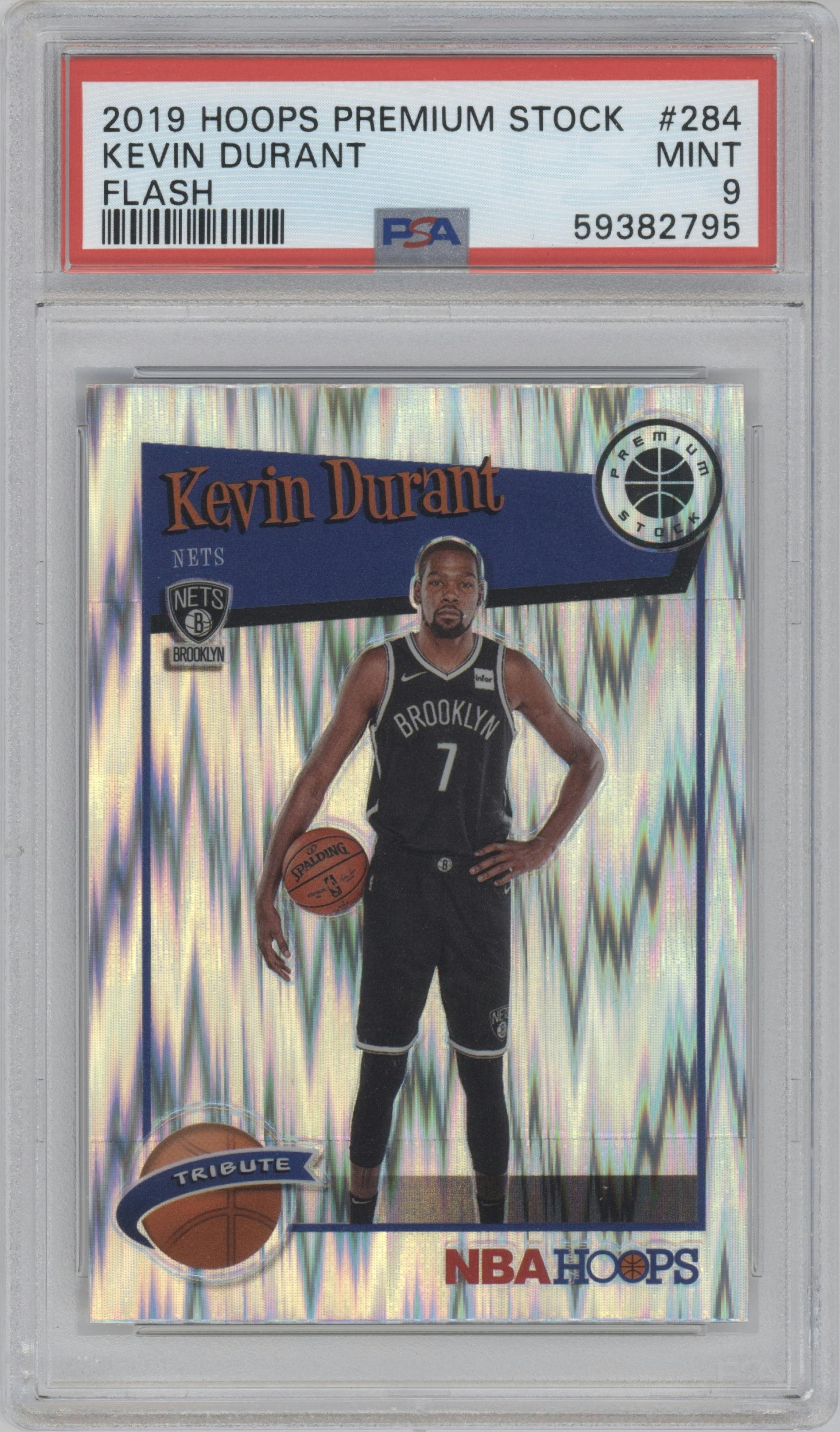 Kevin Durant from the 2019-20 Panini Hoops Premium Stock set featuring a Flash parallel graded by PSA and given an overall grade of 9.