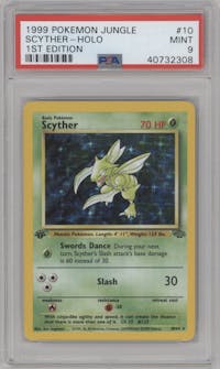 Scyther from the 1999 Pokemon set graded by PSA and given an overall grade of 9.