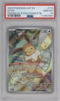 Eevee from the 2025 Pokemon SV set featuring a Prismatic Evolutions Elite Trainer Box parallel graded by PSA and given an overall grade of 10.