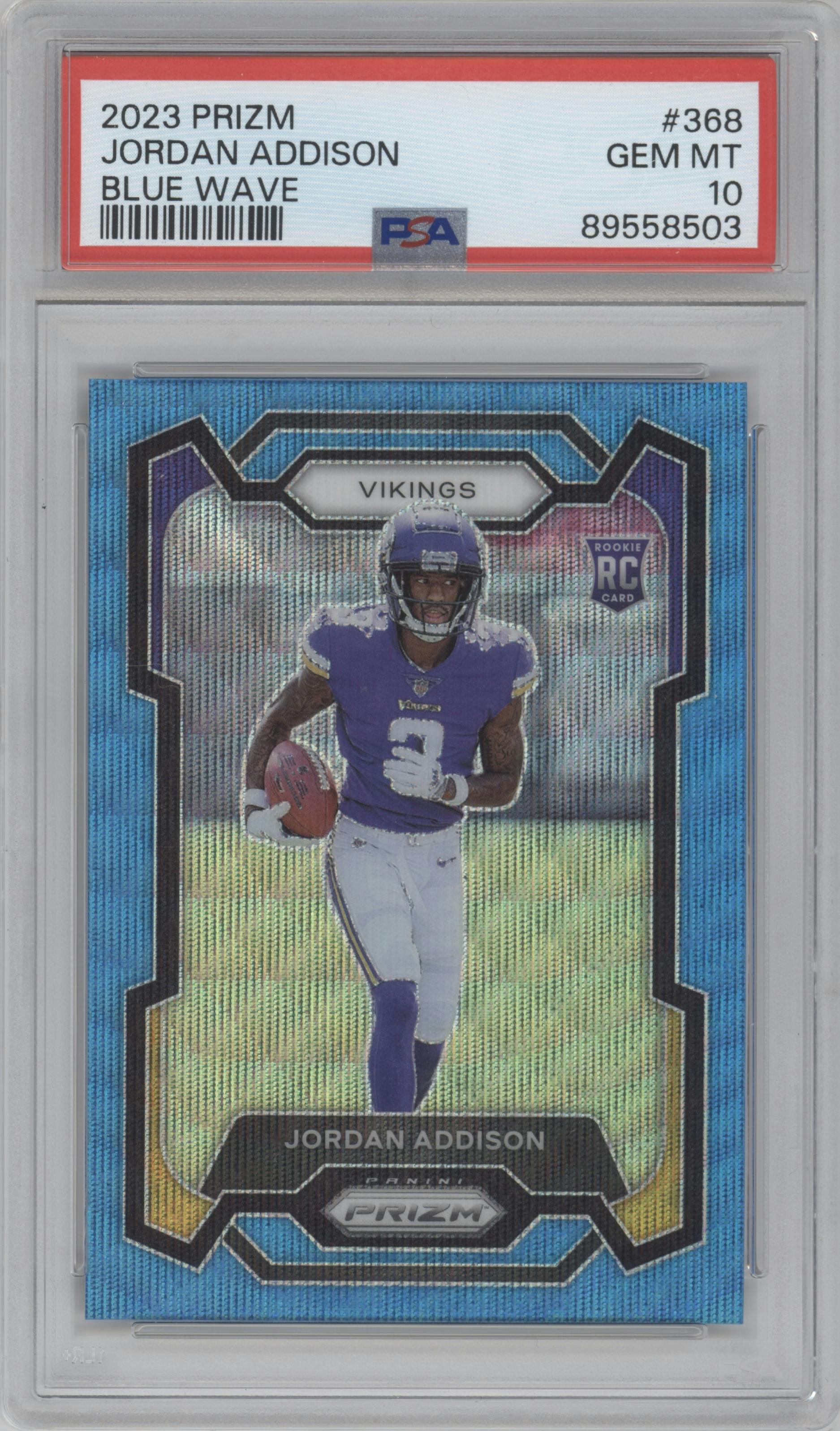 Jordan Addison from the 2023 Panini Prizm set featuring a Blue Wave parallel graded by PSA and given an overall grade of 10.