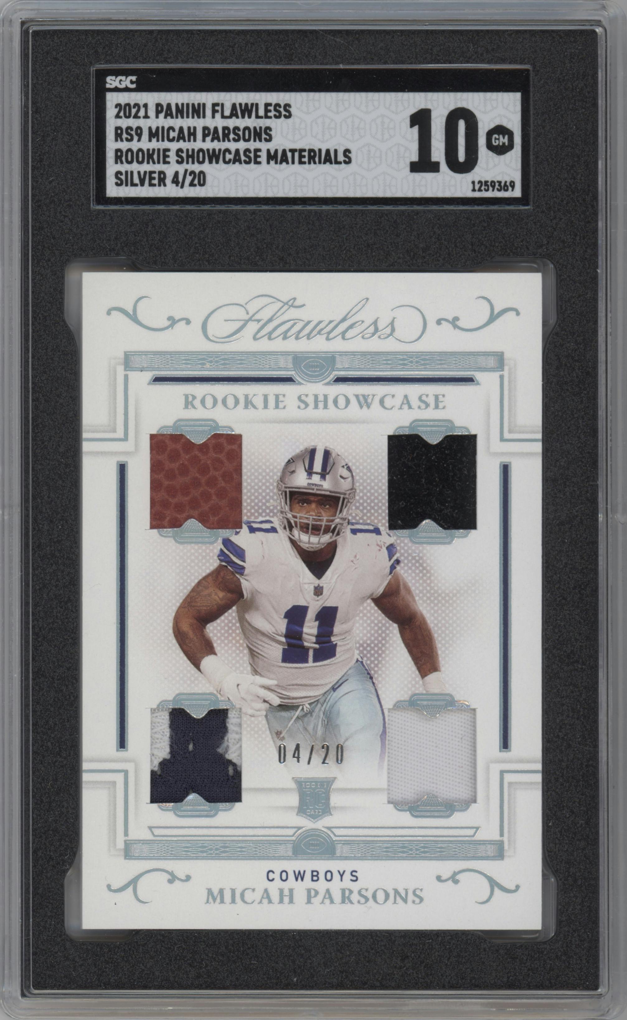 Micah Parsons from the 2021 Panini Flawless set featuring a Silver parallel graded by SGC and given an overall grade of 10.