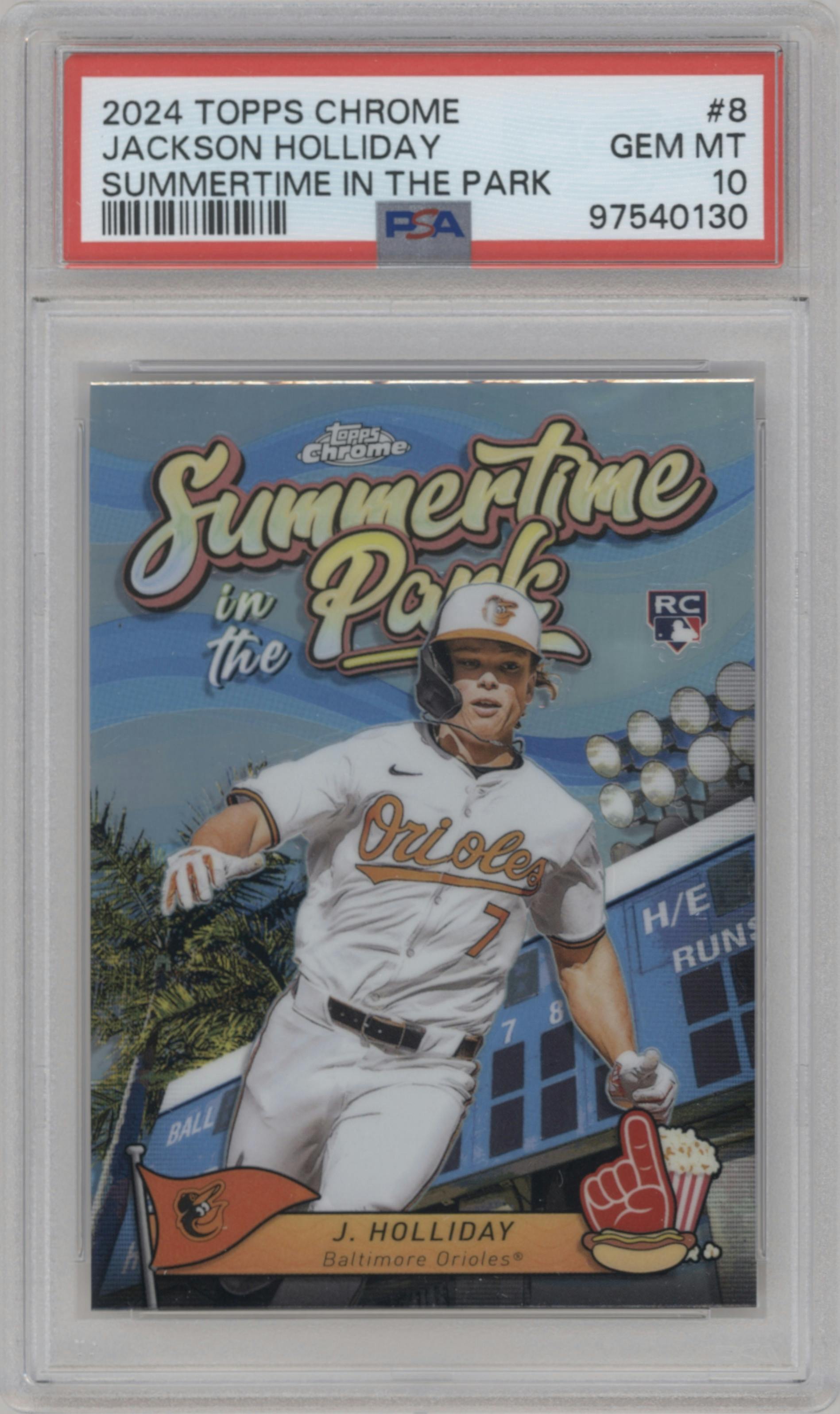 Jackson Holliday from the 2024 Topps Chrome set graded by PSA and given an overall grade of 10.