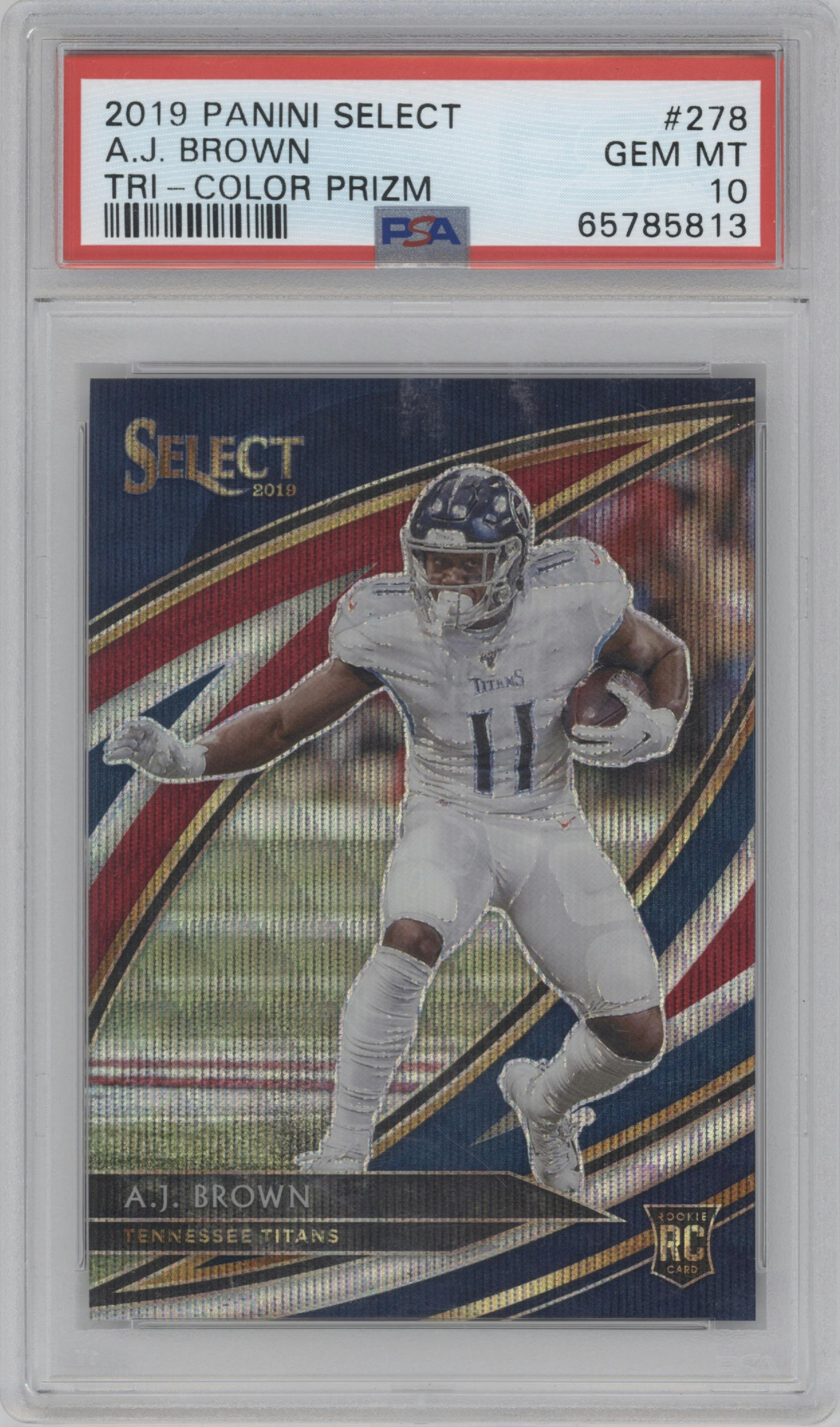 A.J. Brown from the 2019 Panini Select  set featuring a Tri-Color parallel graded by PSA and given an overall grade of 10.