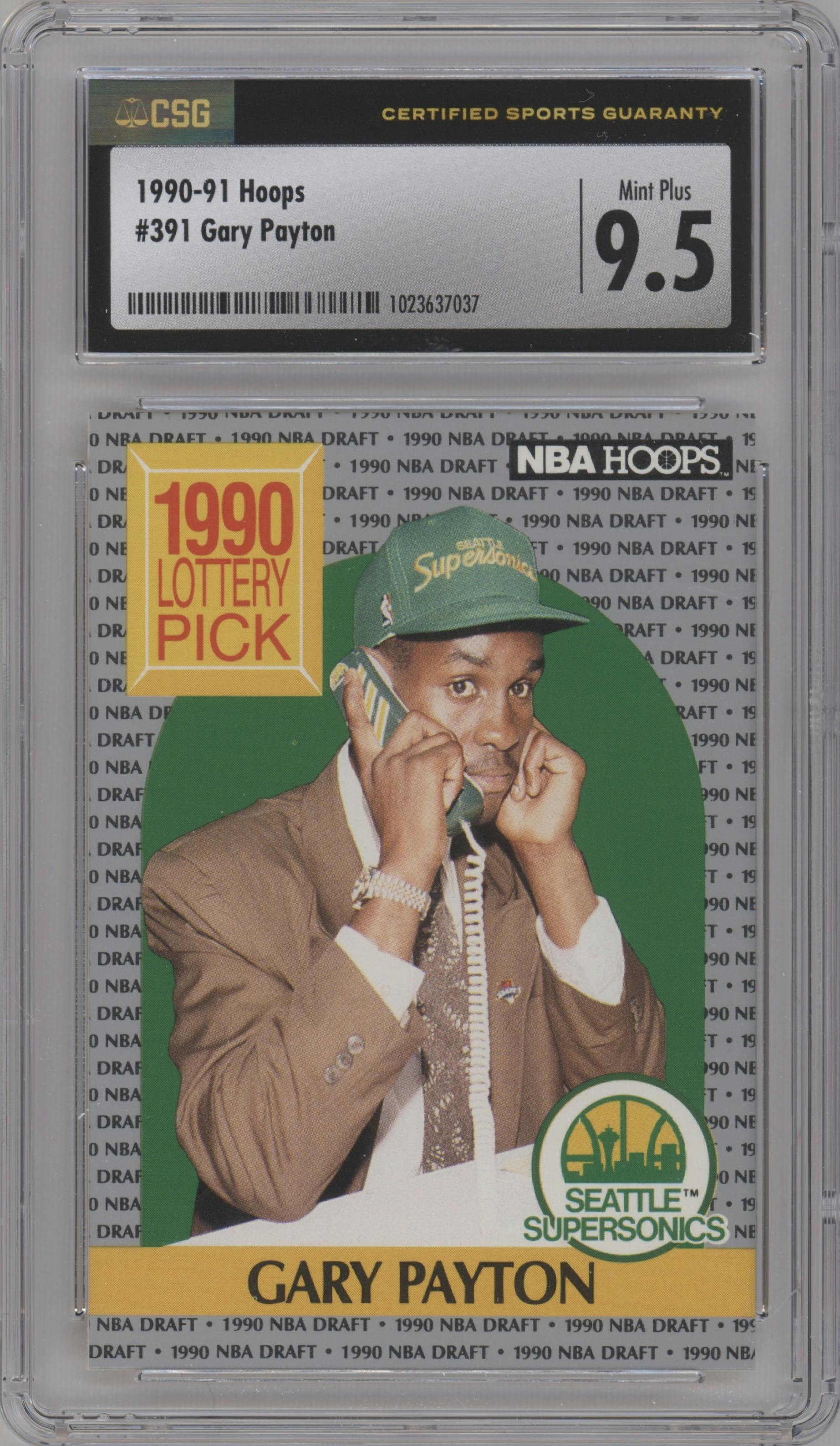 Gary Payton from the 1990-91 NBA Hoops set graded by CSG and given an overall grade of 9.5.