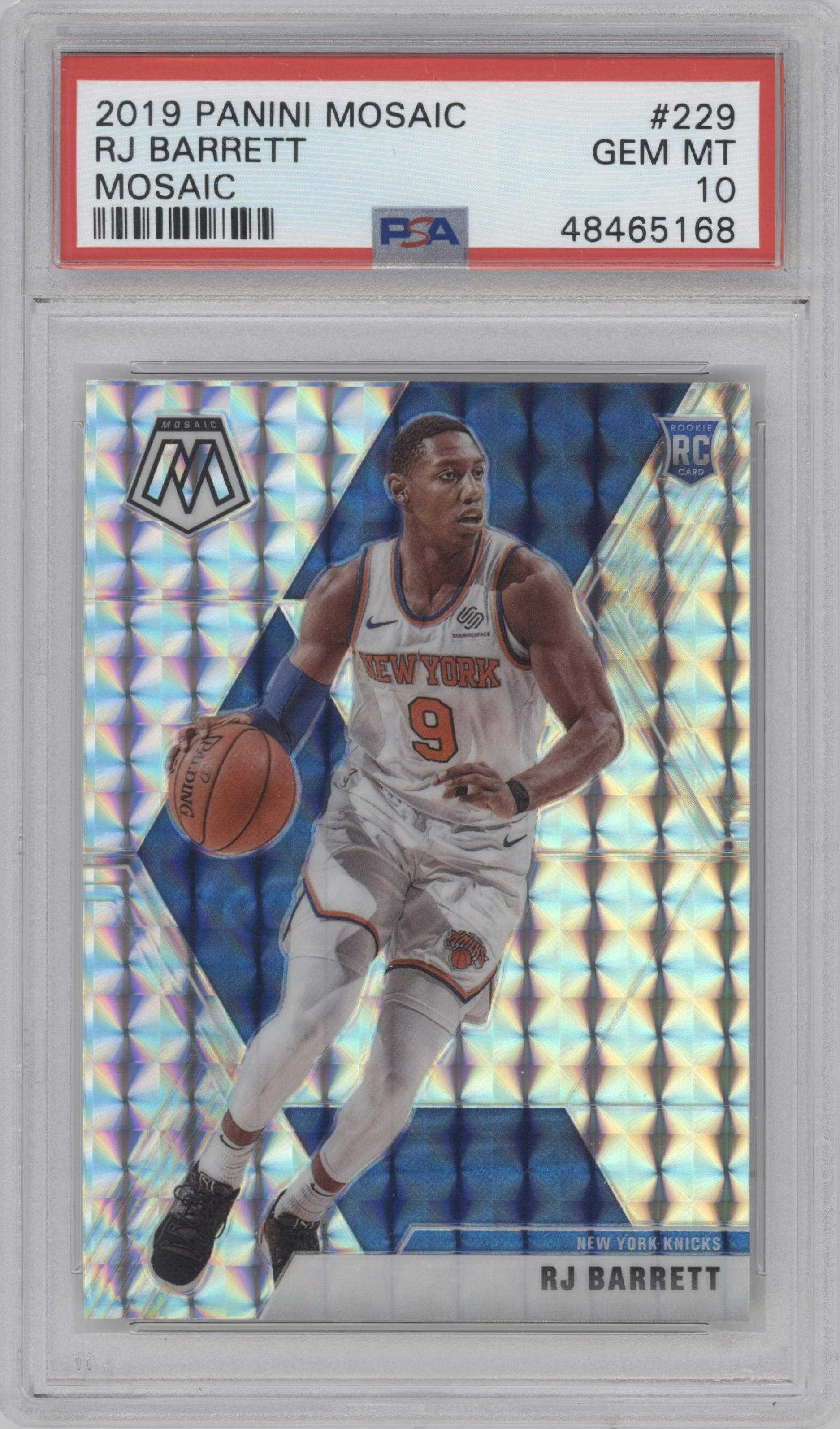 RJ Barrett from the 2019-20 Panini Mosaic  set featuring a Mosaic parallel graded by PSA and given an overall grade of 10.